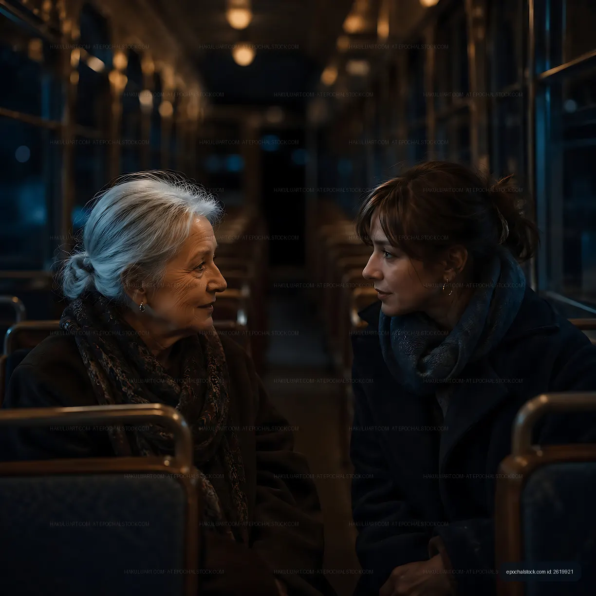 Two women talk on a bus at night