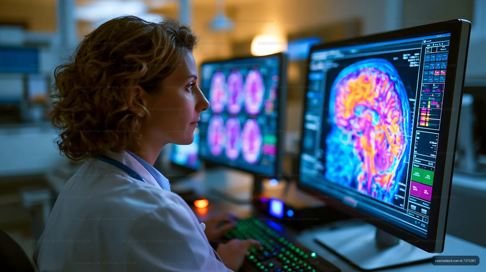 Woman analyzing brain scans on computer screens in a lab