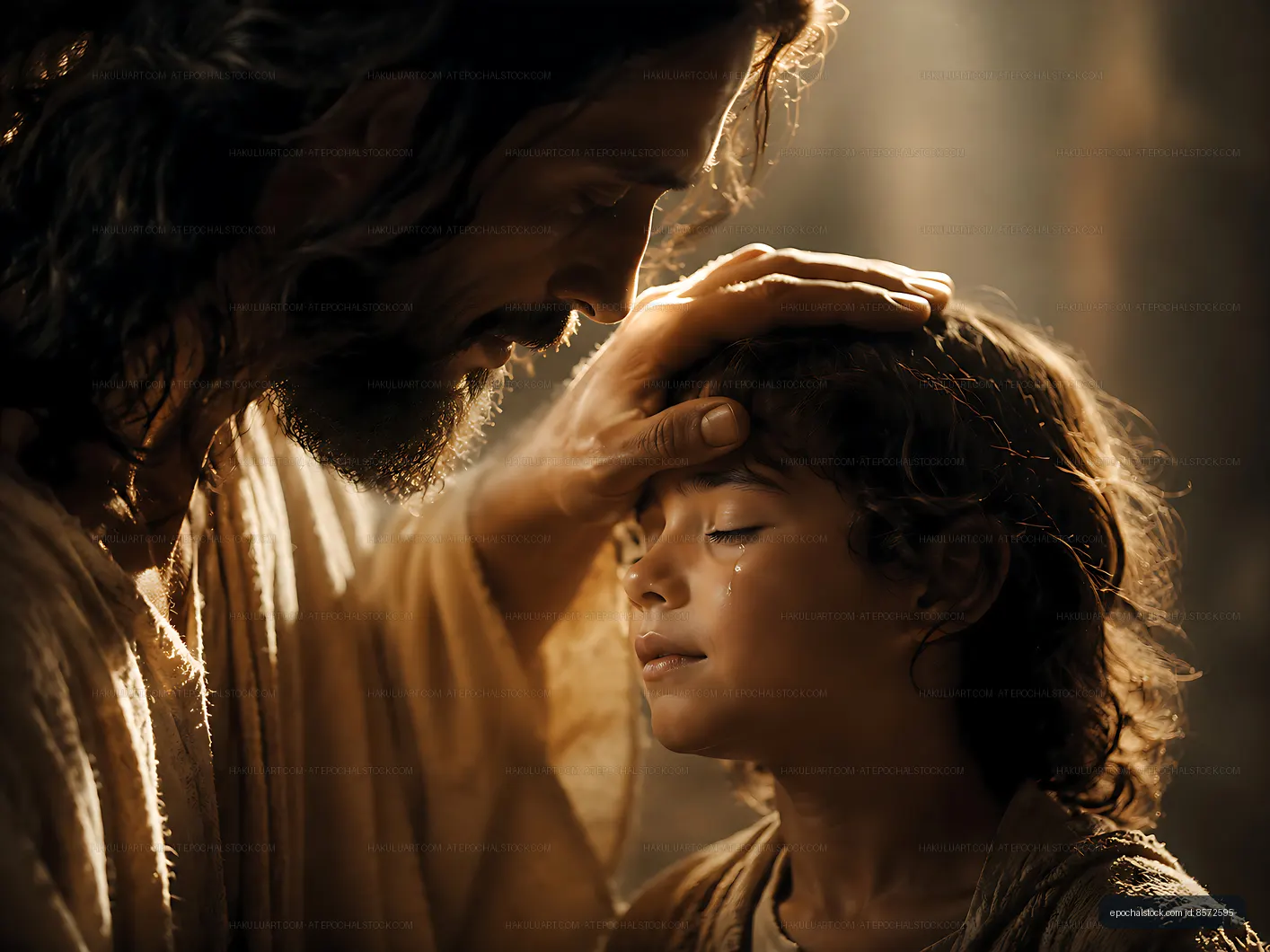 Man gently touching child's forehead in a warm setting