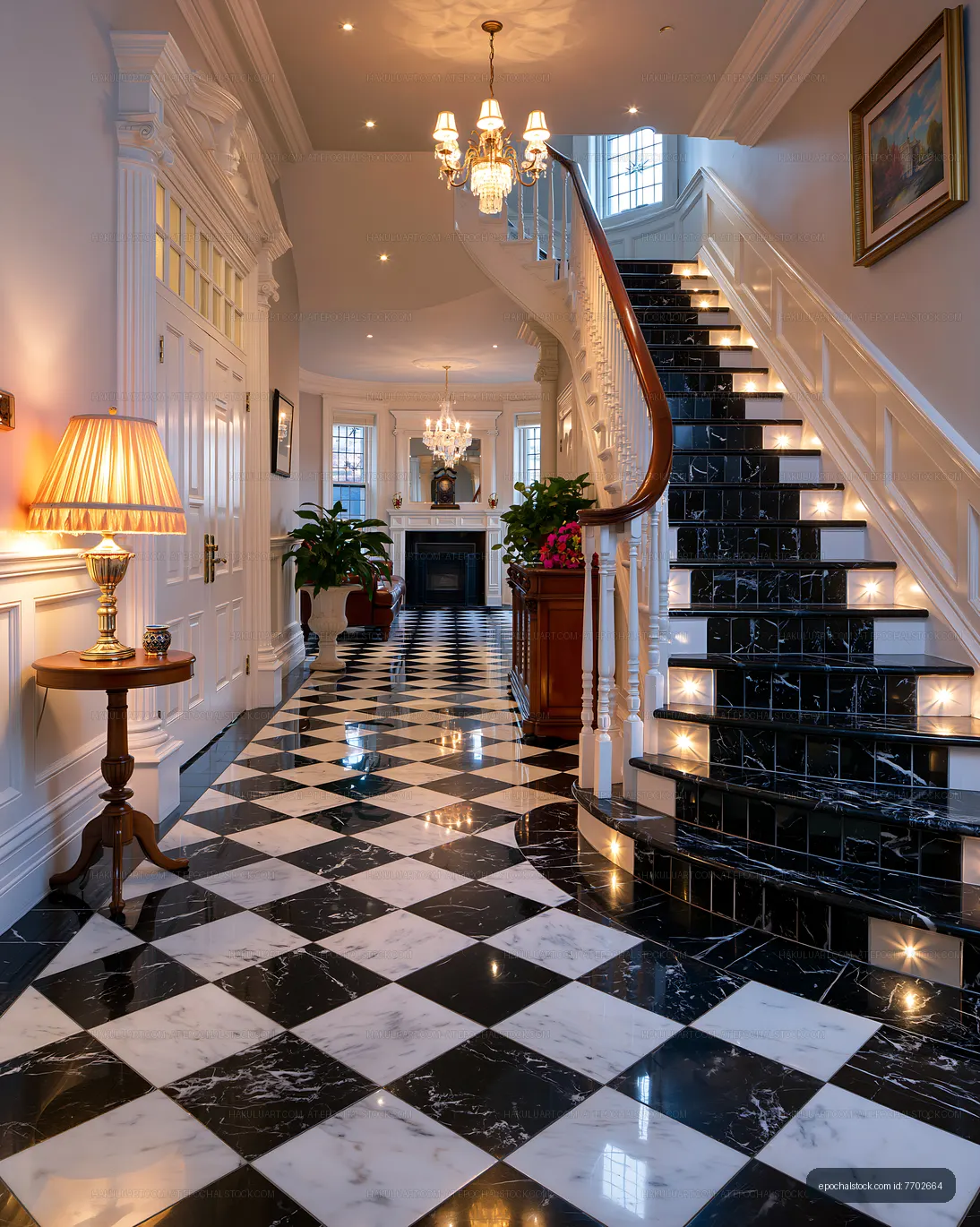 Elegant hallway with marble floors and a staircase