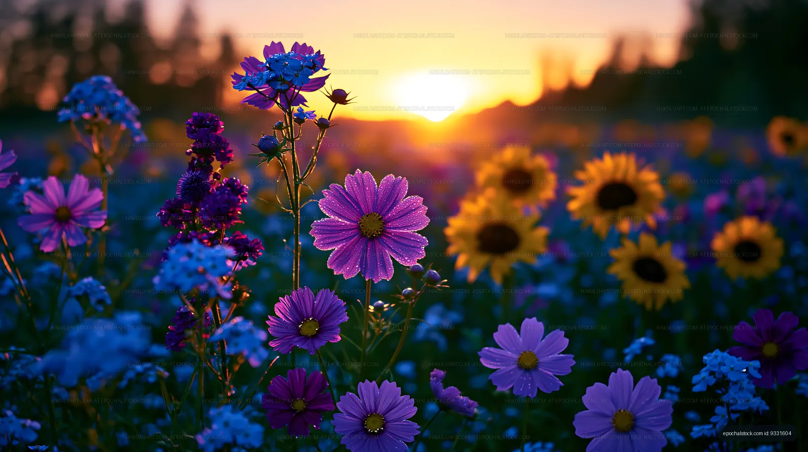 Vibrant wildflower field at sunset with warm light and colors