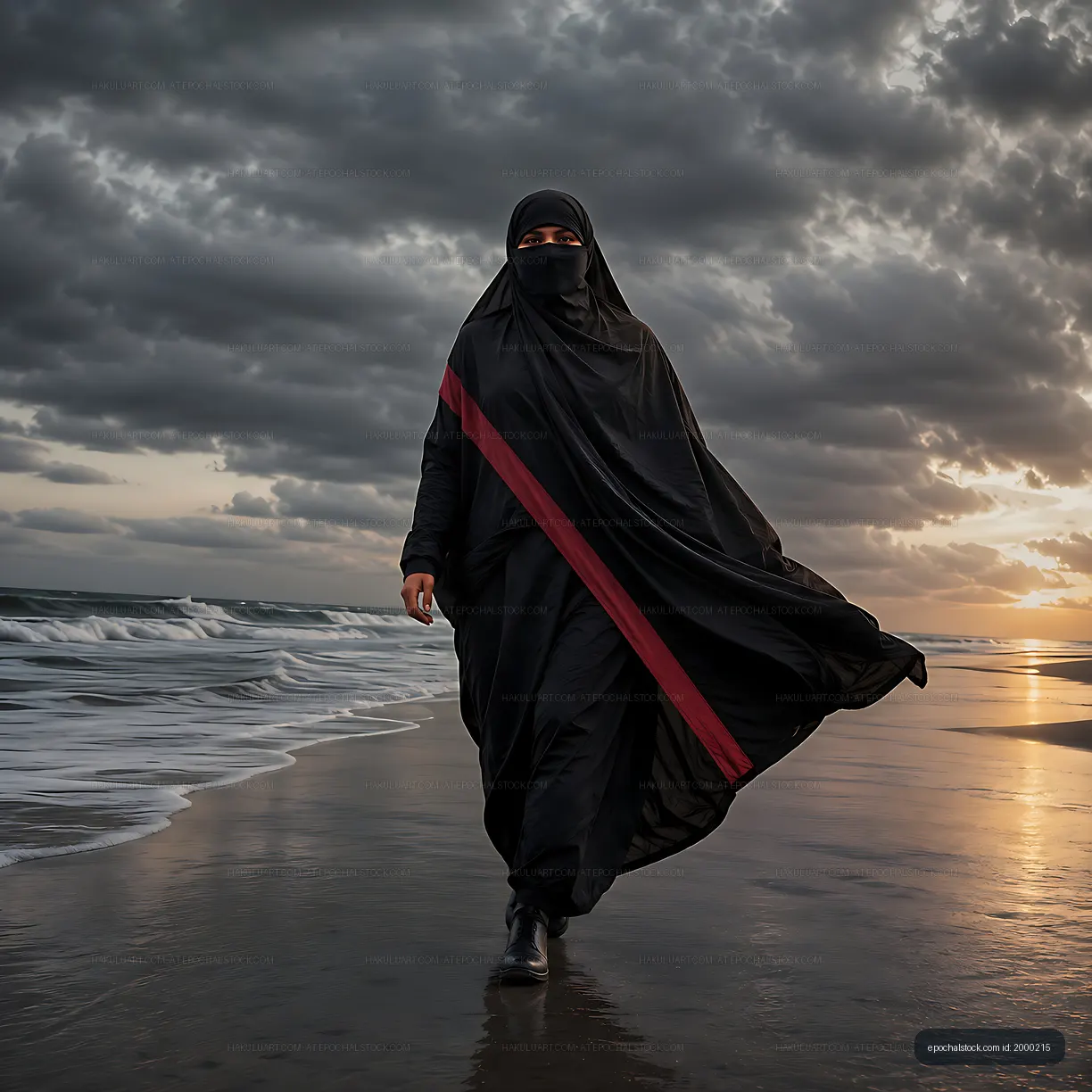 Woman walking on the beach during sunset on cloudy day