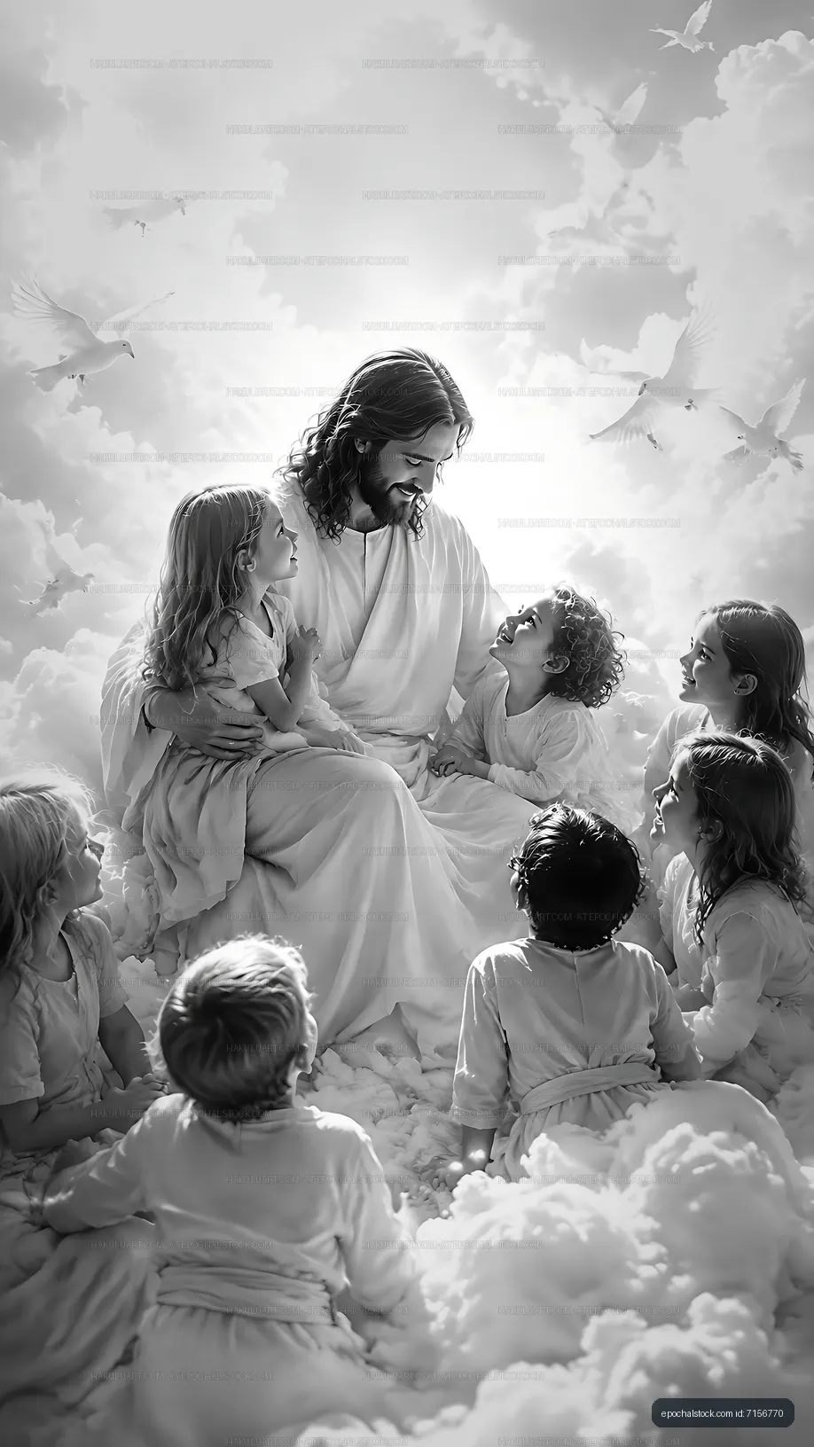 Jesus seated with children in clouds