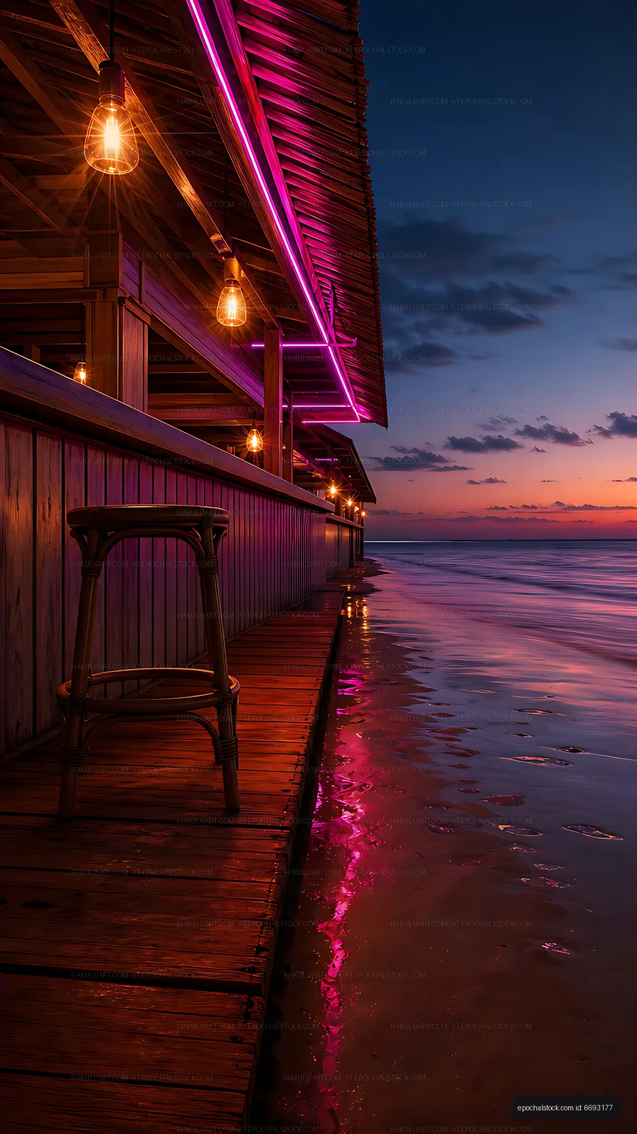 Colorful beach bar with lights at sunset by the water