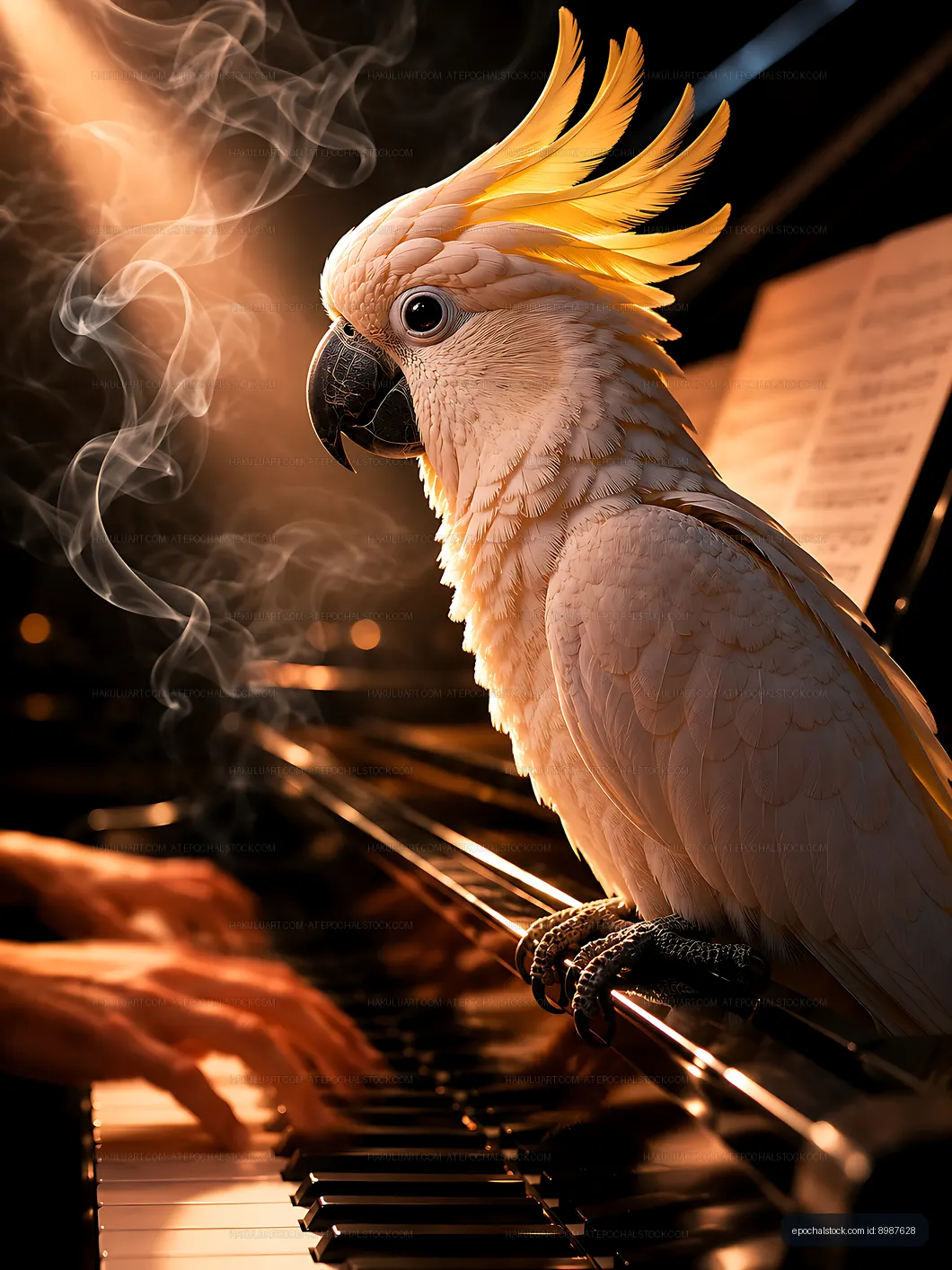 Cockatoo perched on piano as musician plays in dim light