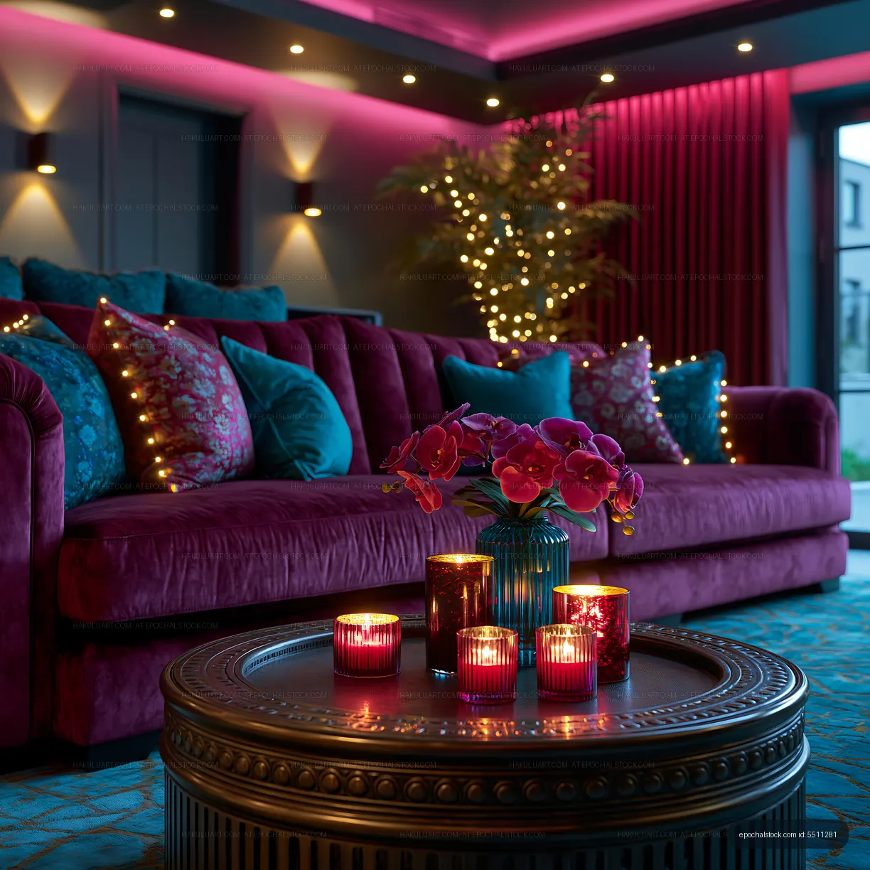 Cozy living room with candles and decorative elements at night