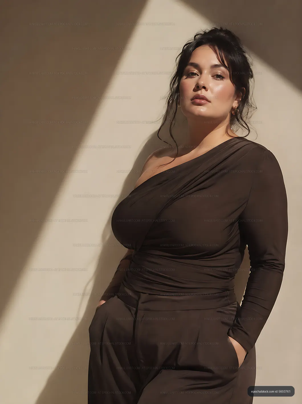 Model poses in a stylish outfit with sunlight casting shadows