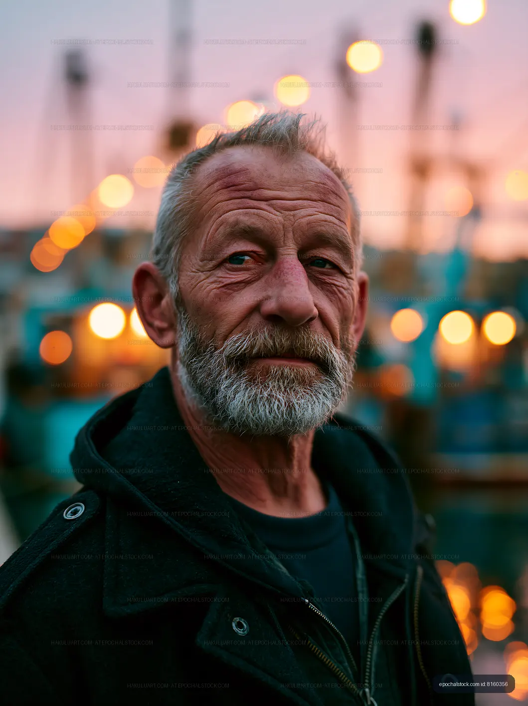 Portrait of an older man by the harbor at sunset