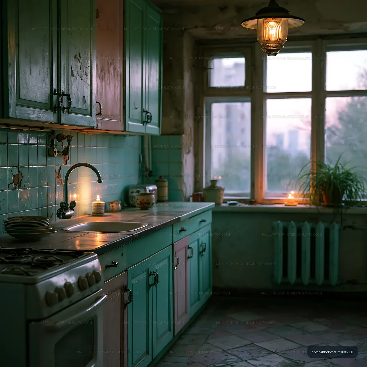 Cozy kitchen with teal cabinets and soft lighting at dusk