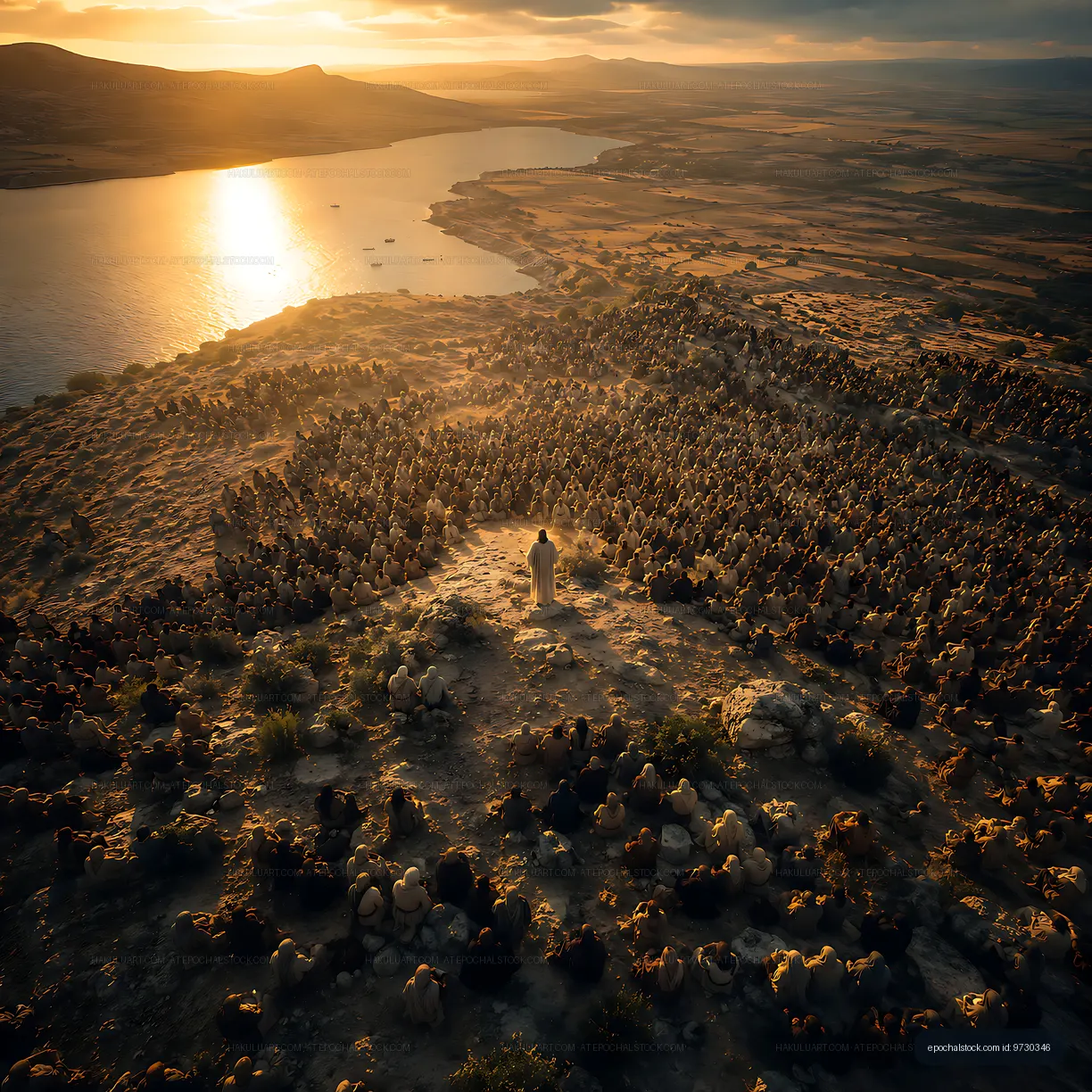 Person standing on a hill overlooking a lake at sunset