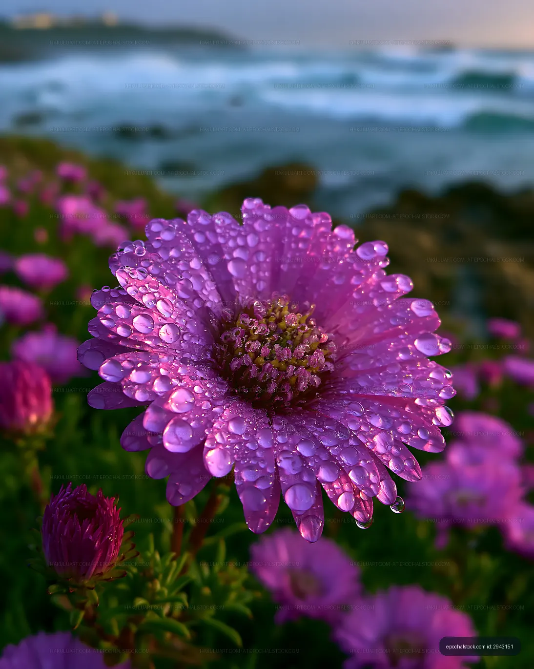 Purple flower with droplets near the ocean