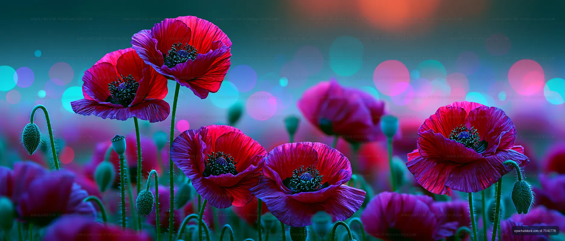 Vibrant poppy flowers blooming under a colorful sunset