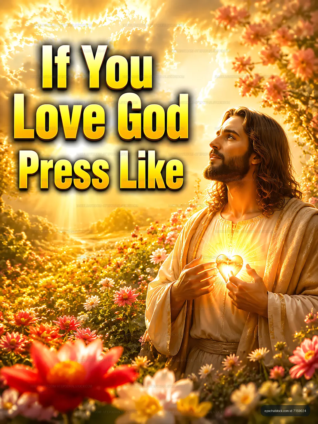 Jesus holding a glowing heart among bright flowers