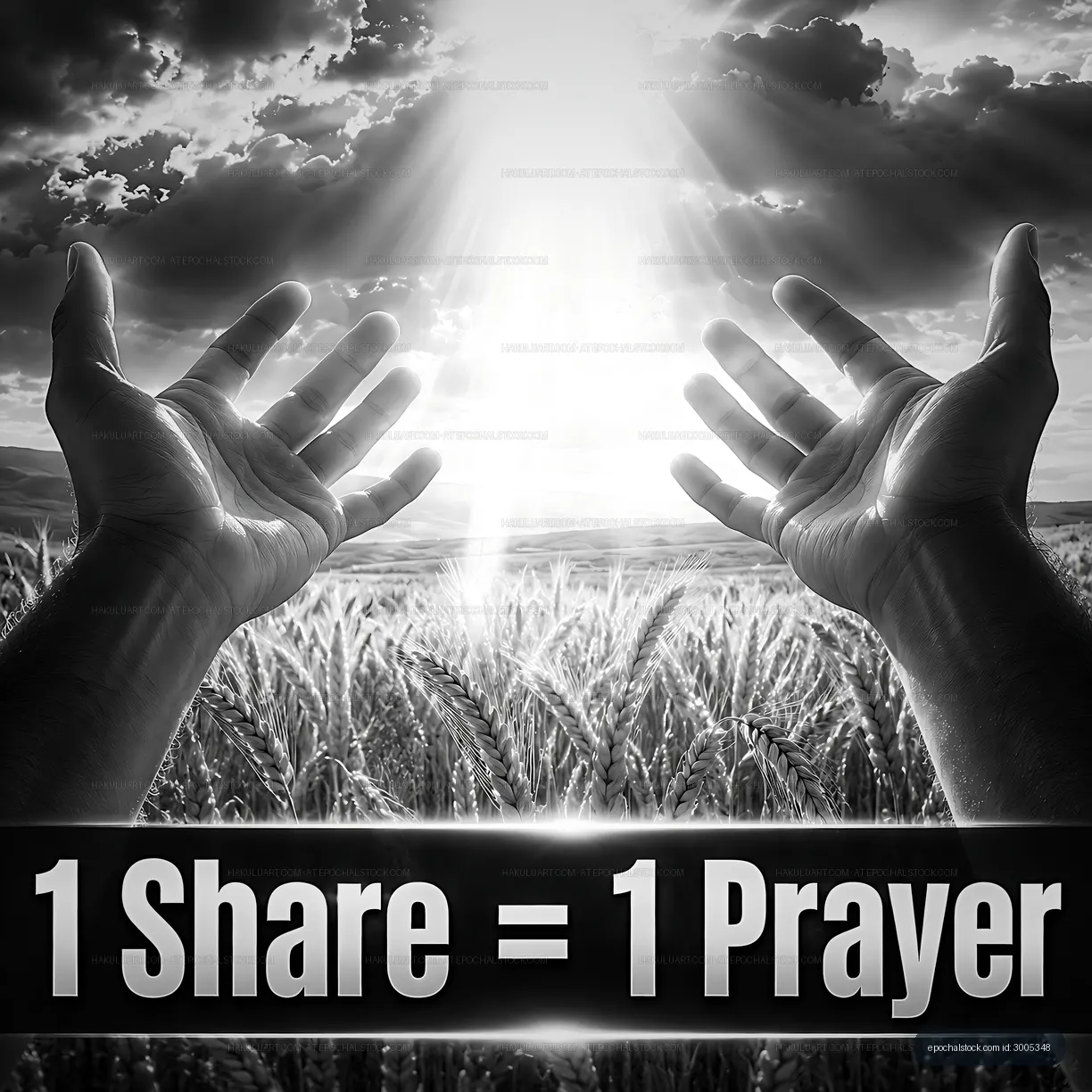Hands raised in field with message about sharing and prayer