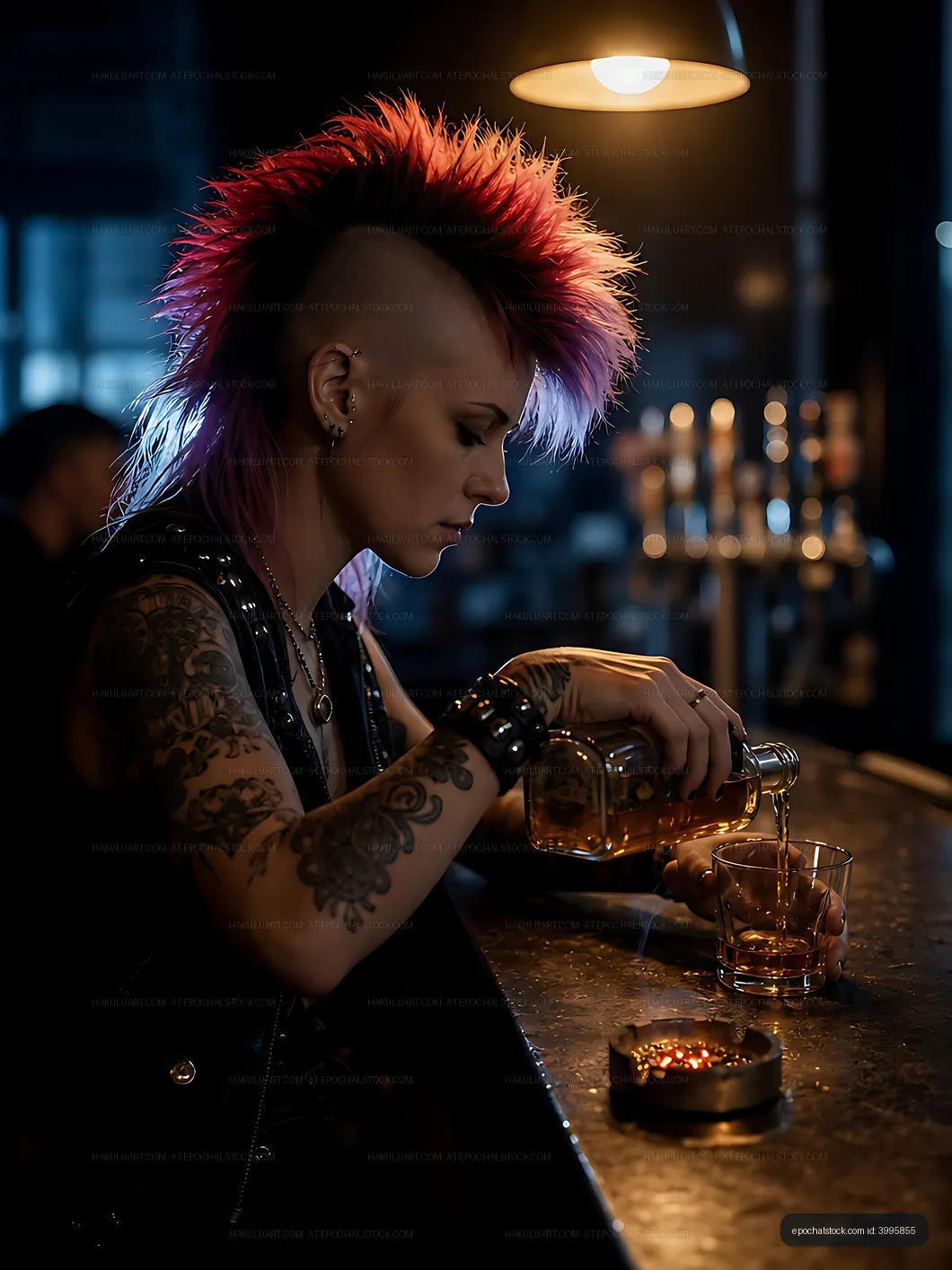 Woman with mohawk hairstyle pours drink in a bar setting
