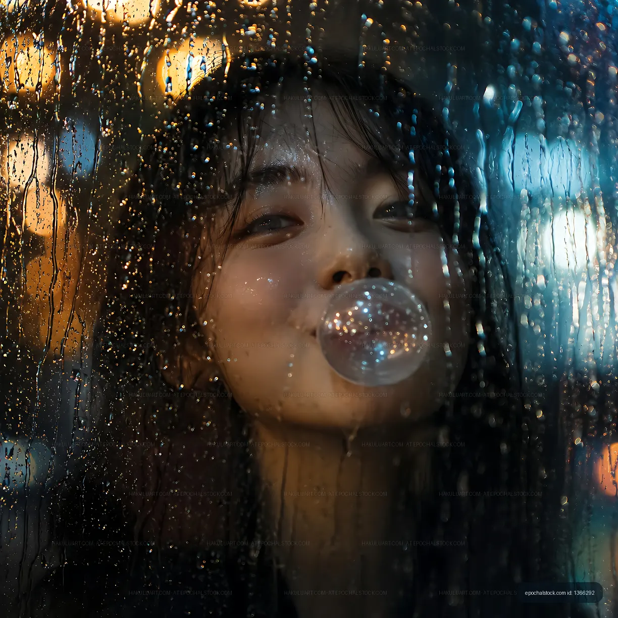 Smiling person blowing bubble gum behind rain-covered glass