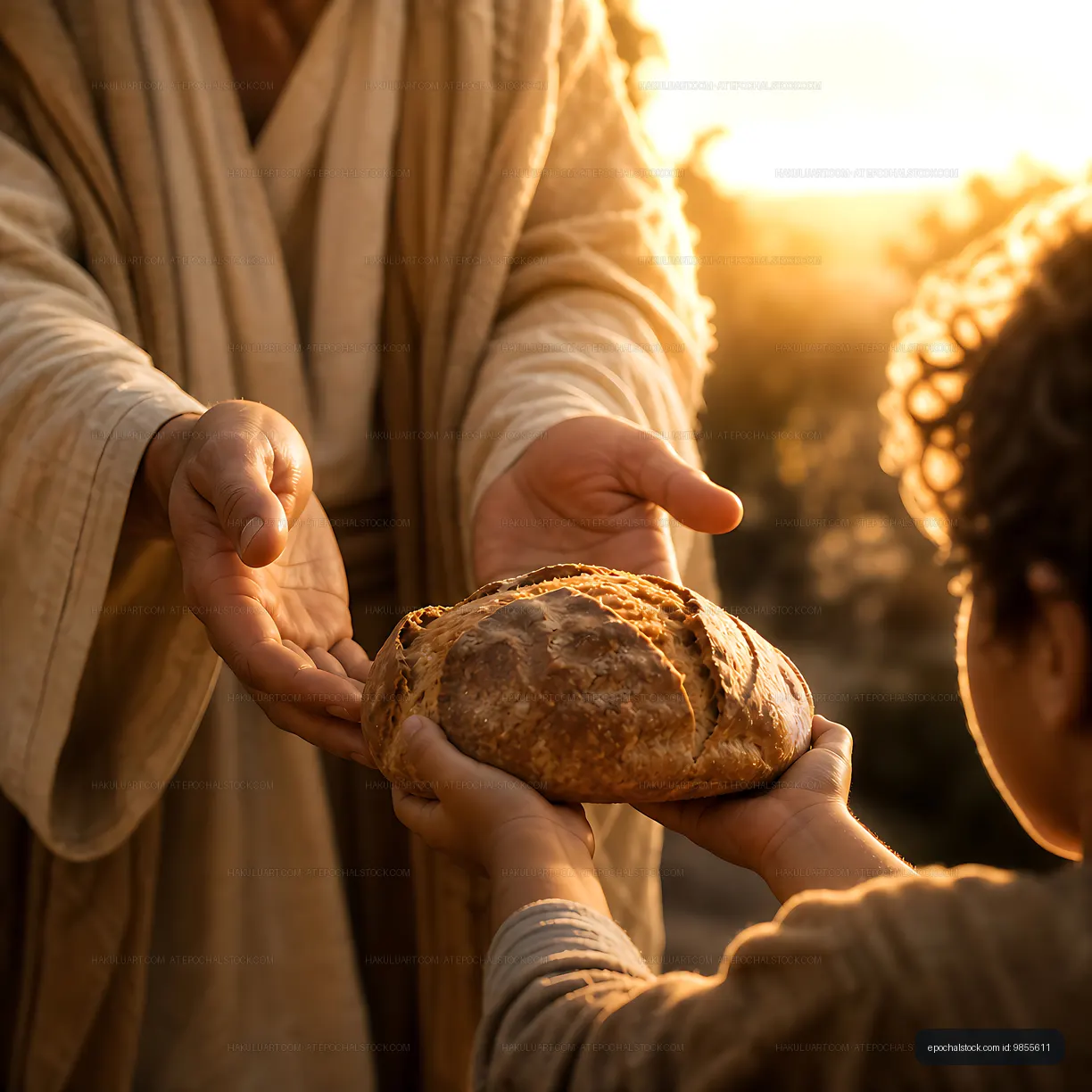 Sharing bread at sunset in a warm rural setting