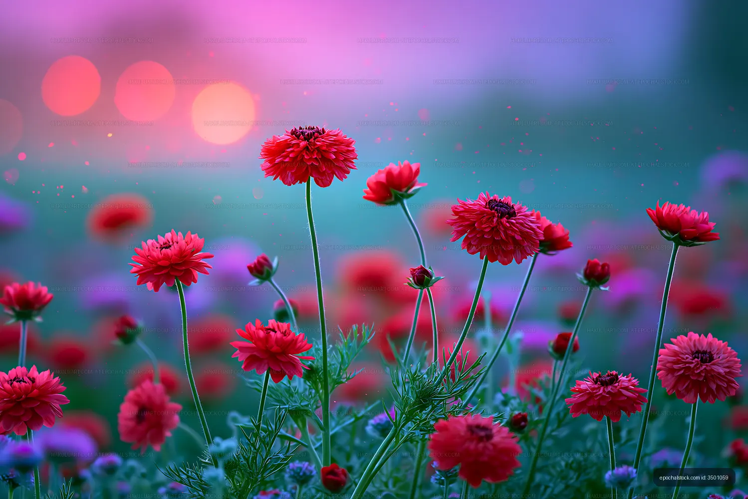 Red flowers bloom at sunset in a vibrant garden