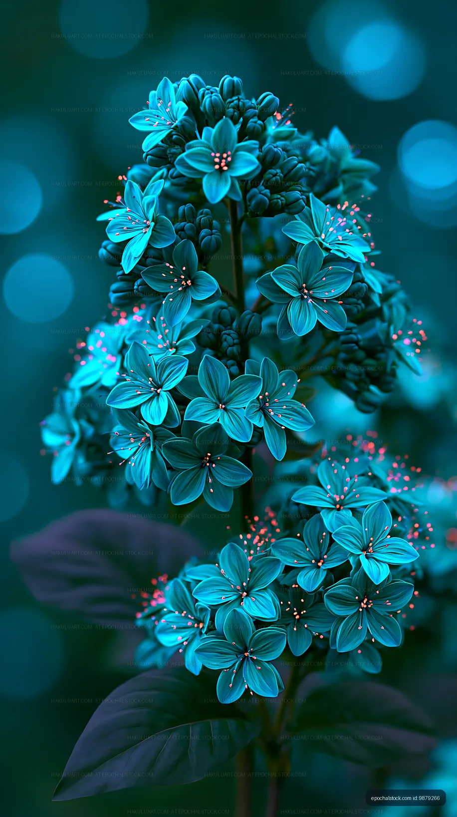 Blue flowers with green leaves in a blurred background
