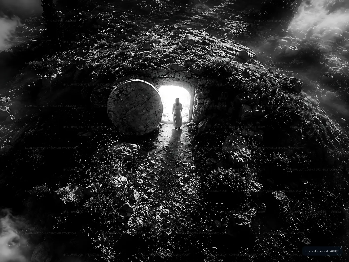 Woman standing at the entrance of a cave on a rocky terrain