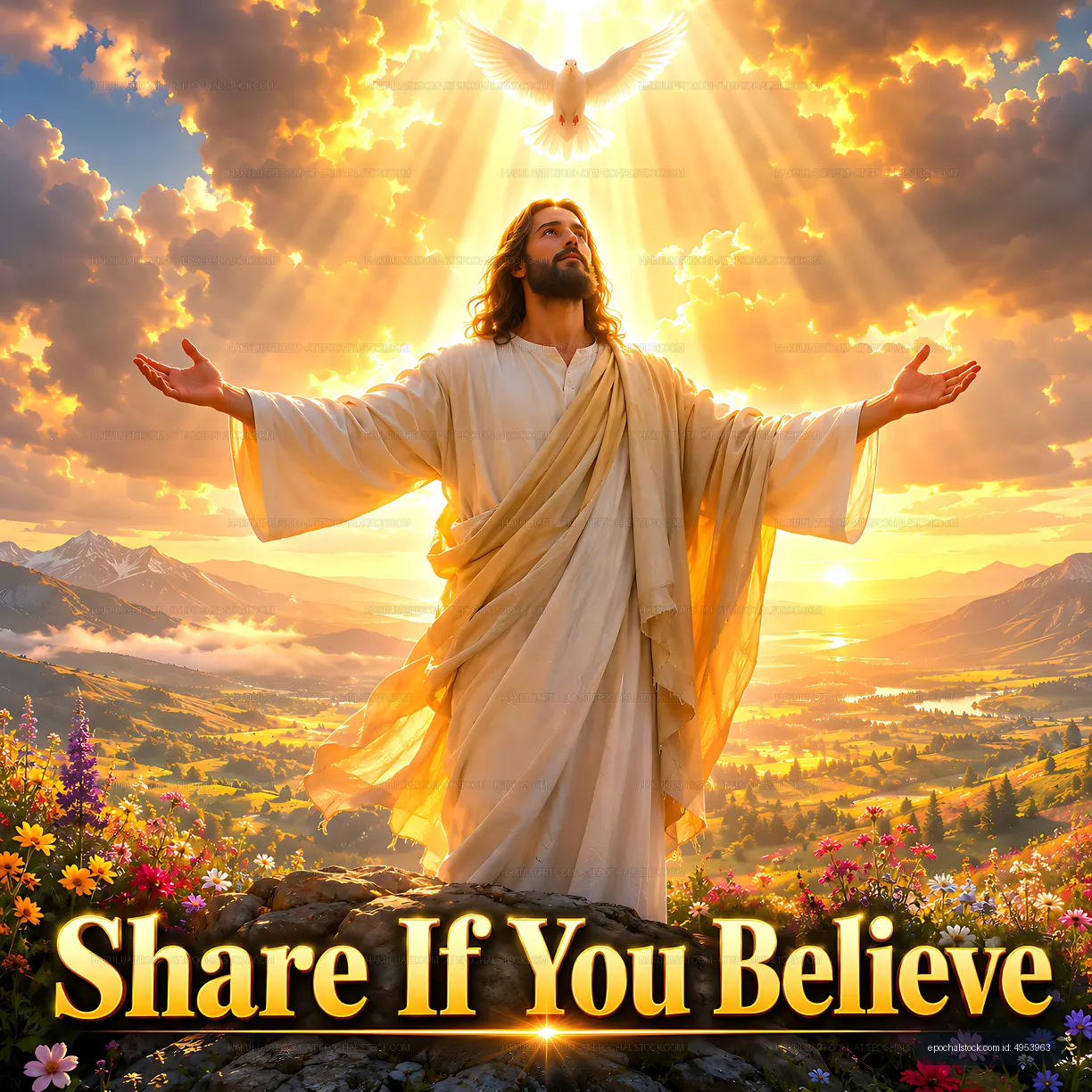 Jesus with open arms and dove in a bright sky over a landscape