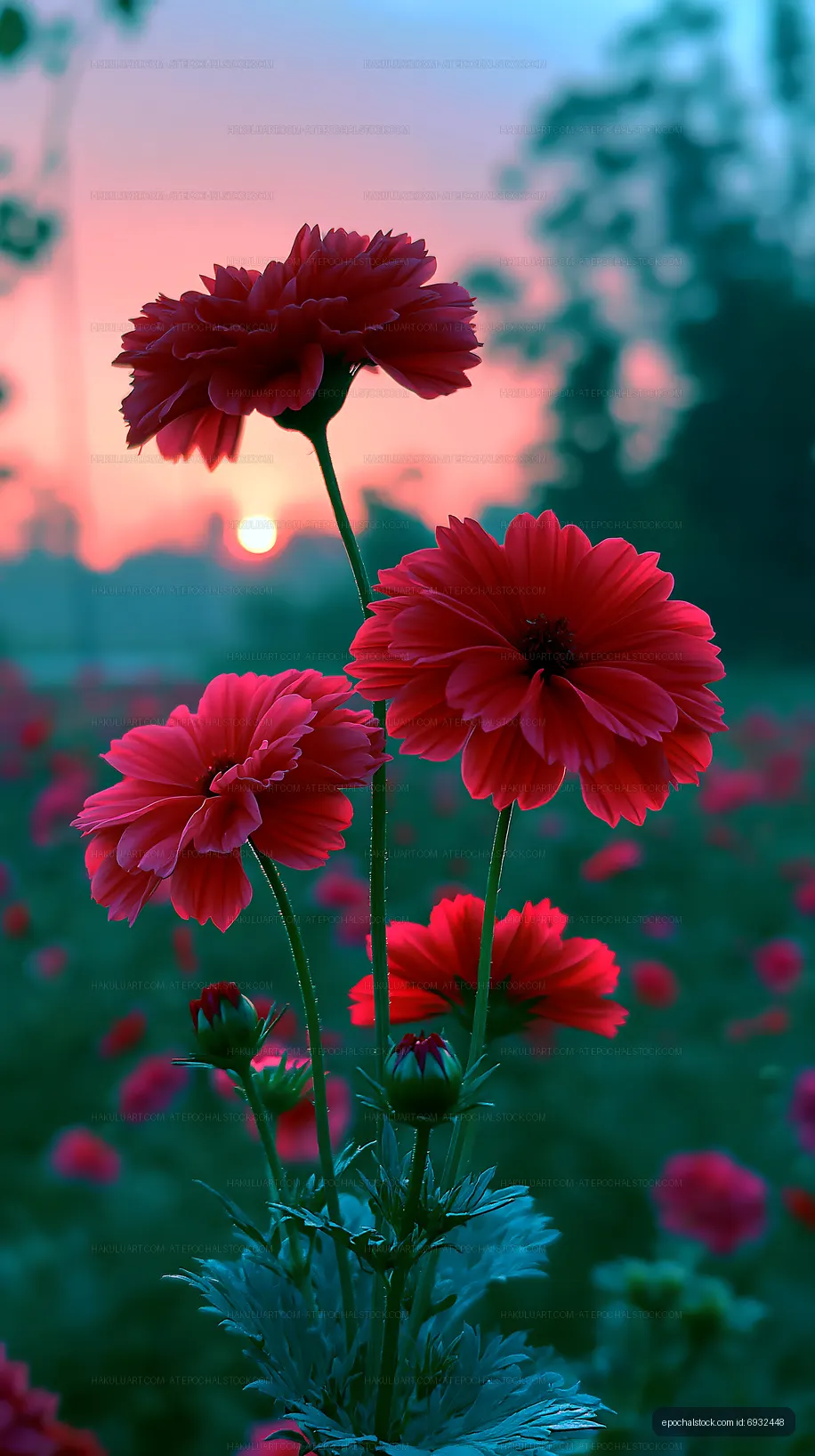 Bright red flowers bloom at sunset in a field