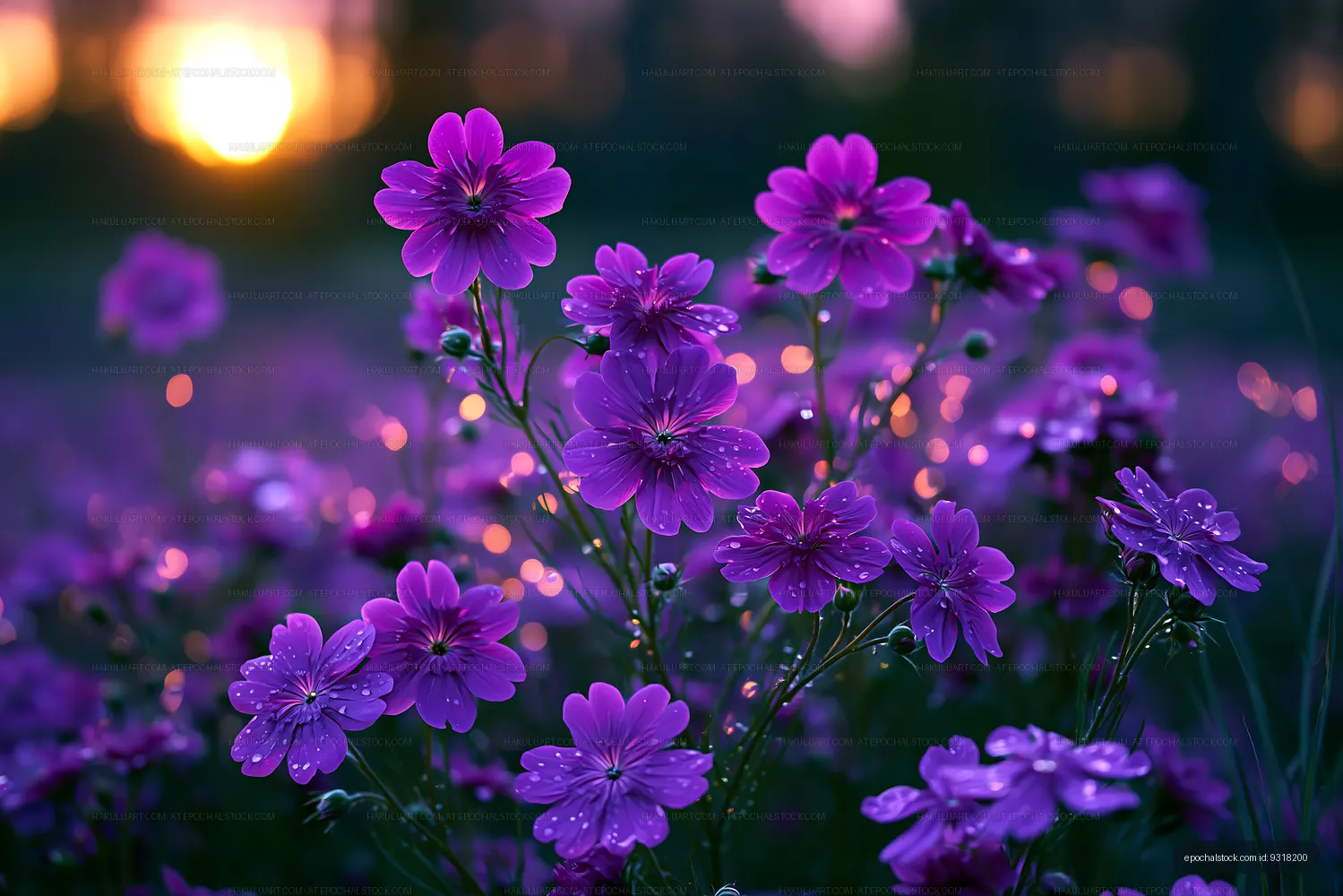 Blooming purple flowers during sunset in a field