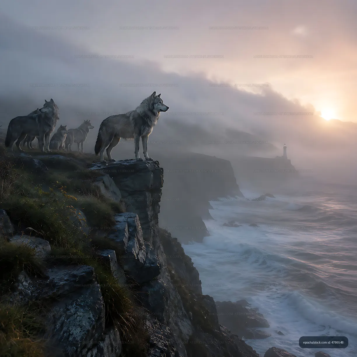 Wolves on a cliff at sunrise near ocean with lighthouse