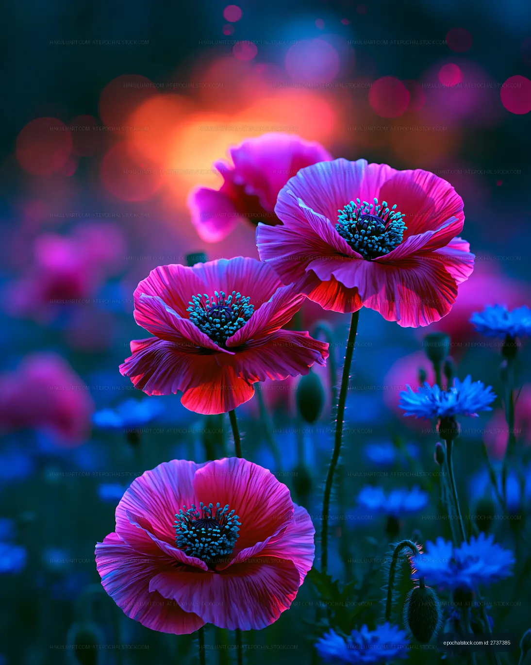 Flowers in vibrant colors bloom in a garden during twilight