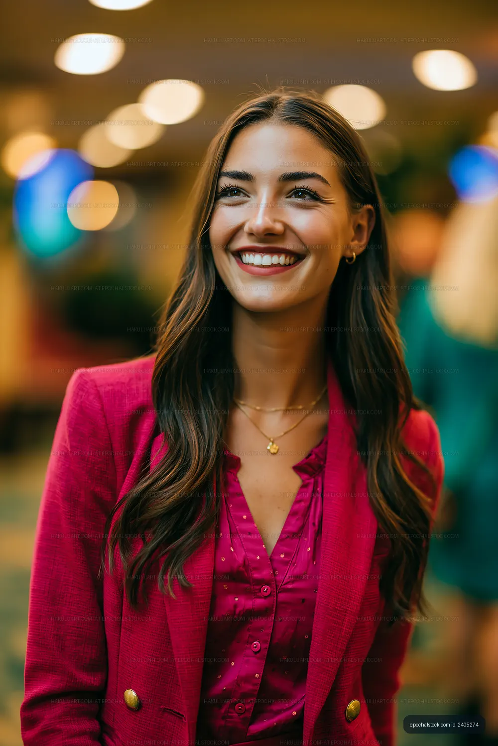 Woman smiling in a pink suit at a social event indoors