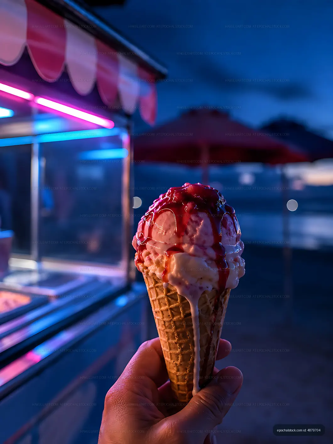 Ice cream cone with syrup at beachside evening stand