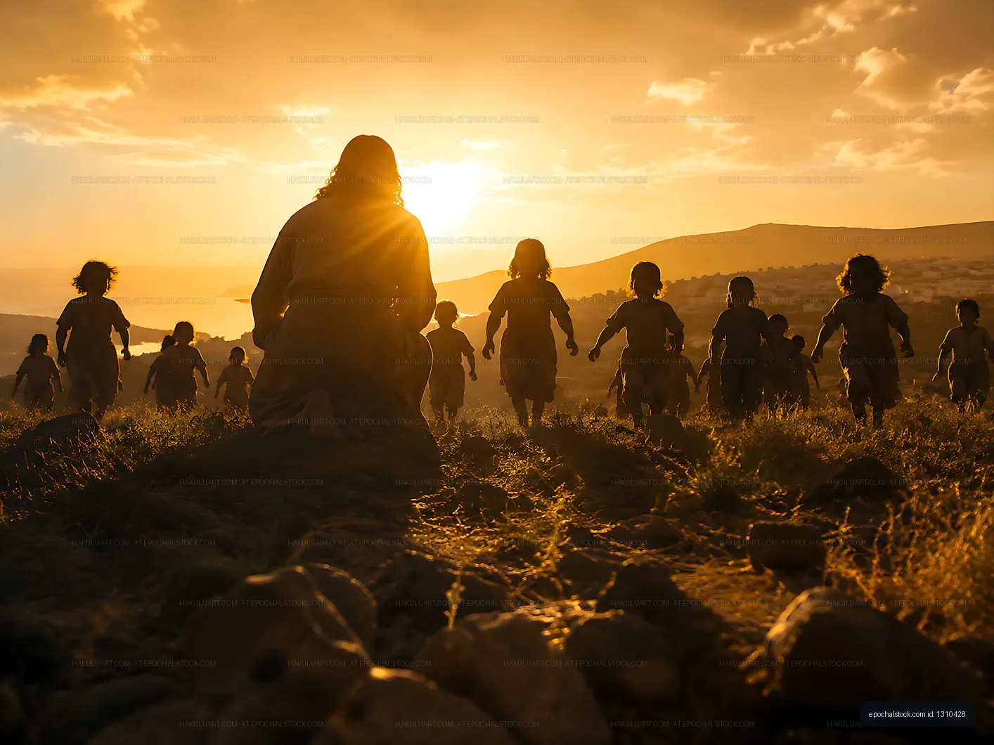 Children walking towards sunset with adult in open field