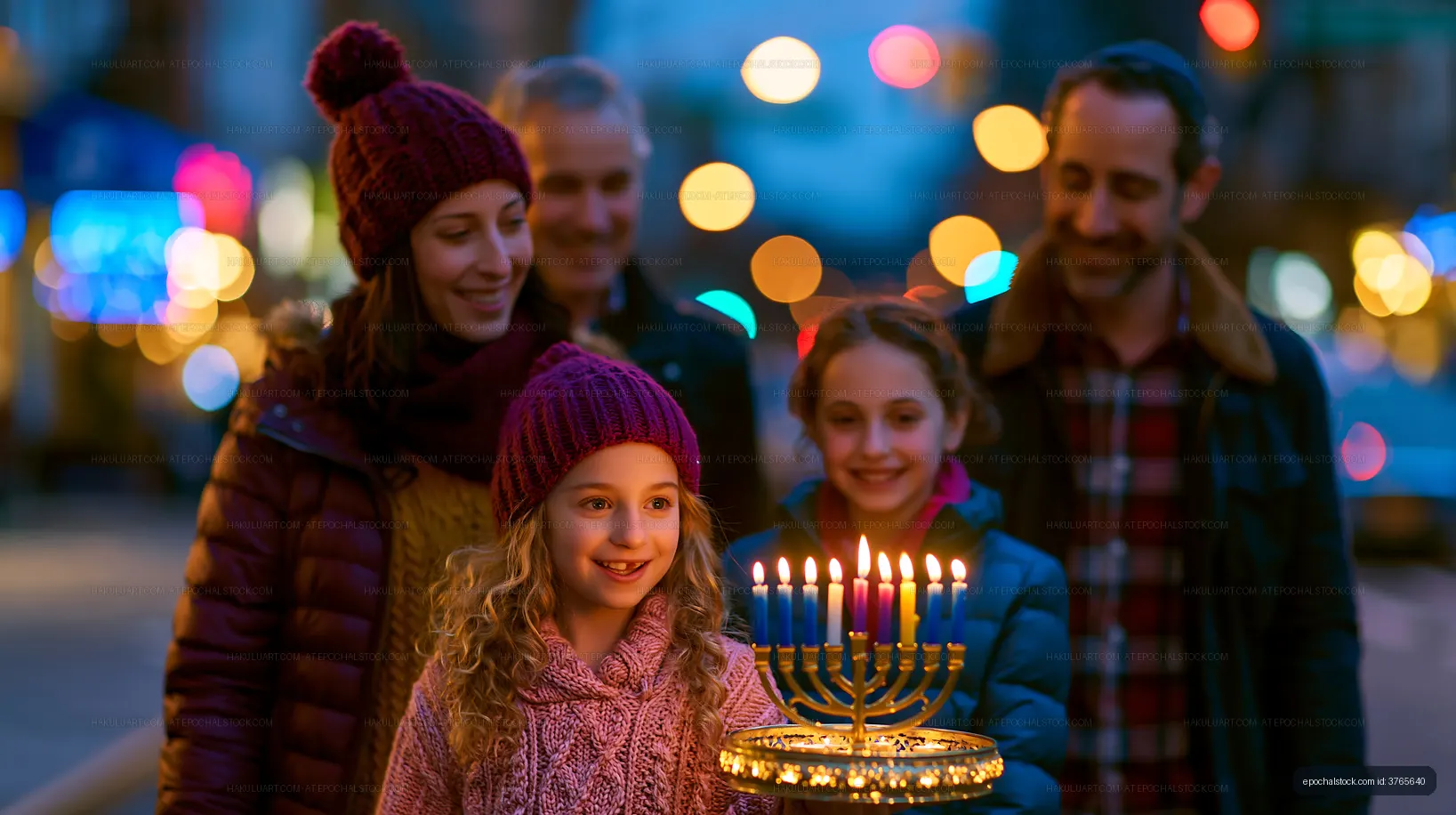 Family lighting menorah at evening outdoor celebration