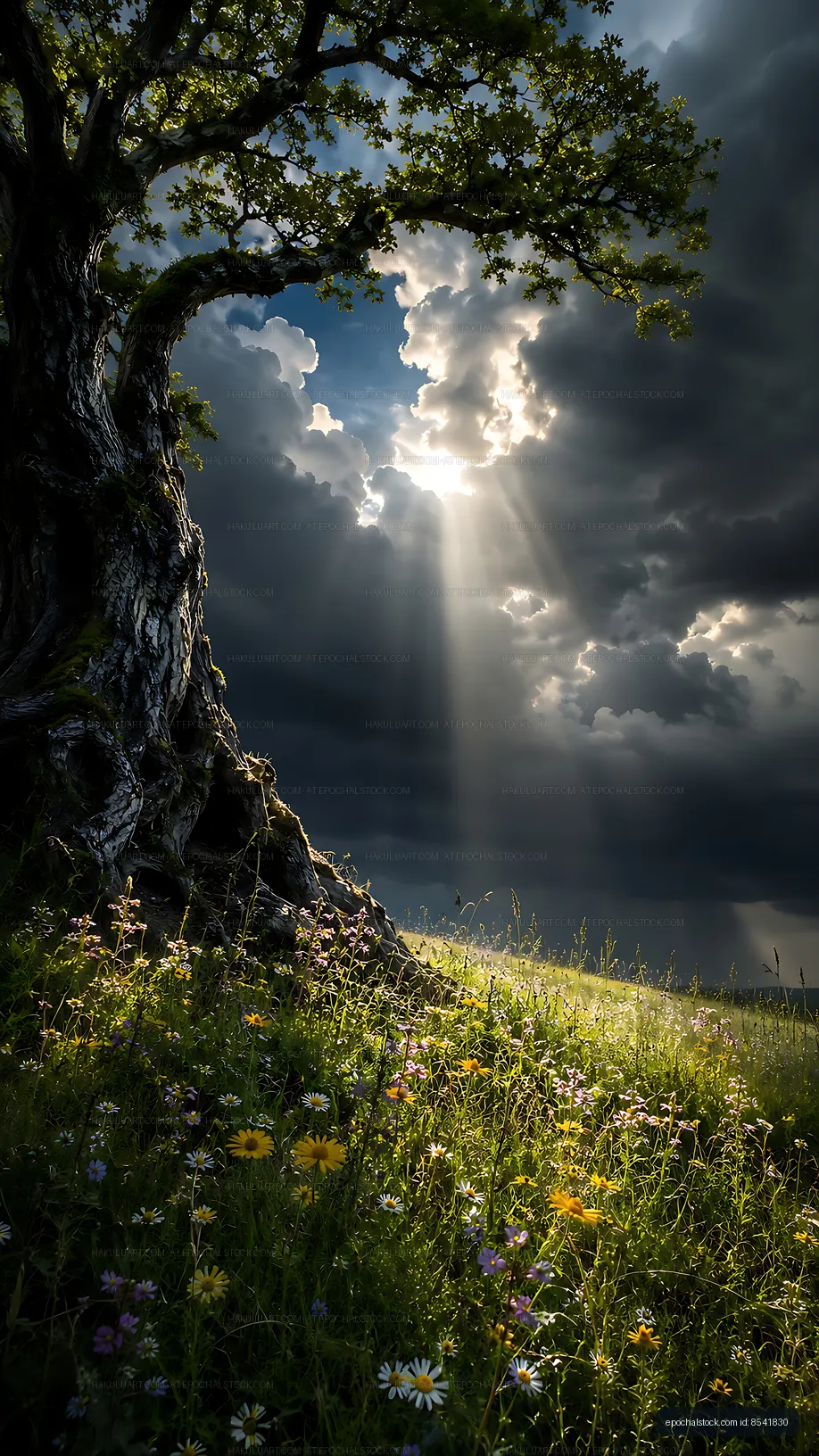 Sunlight filtering through dark clouds over a grassy field
