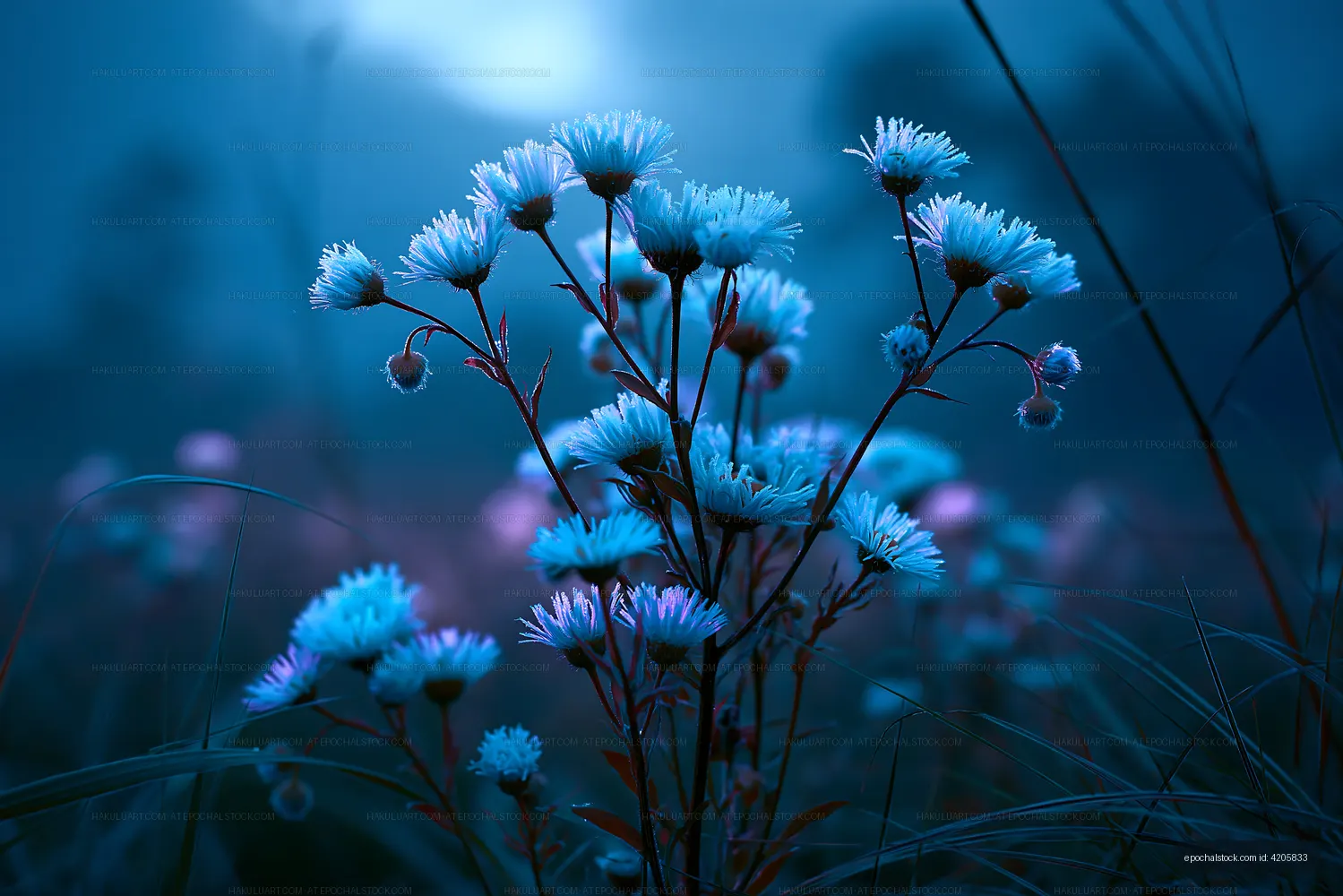 Blue flowers in a misty field during early morning