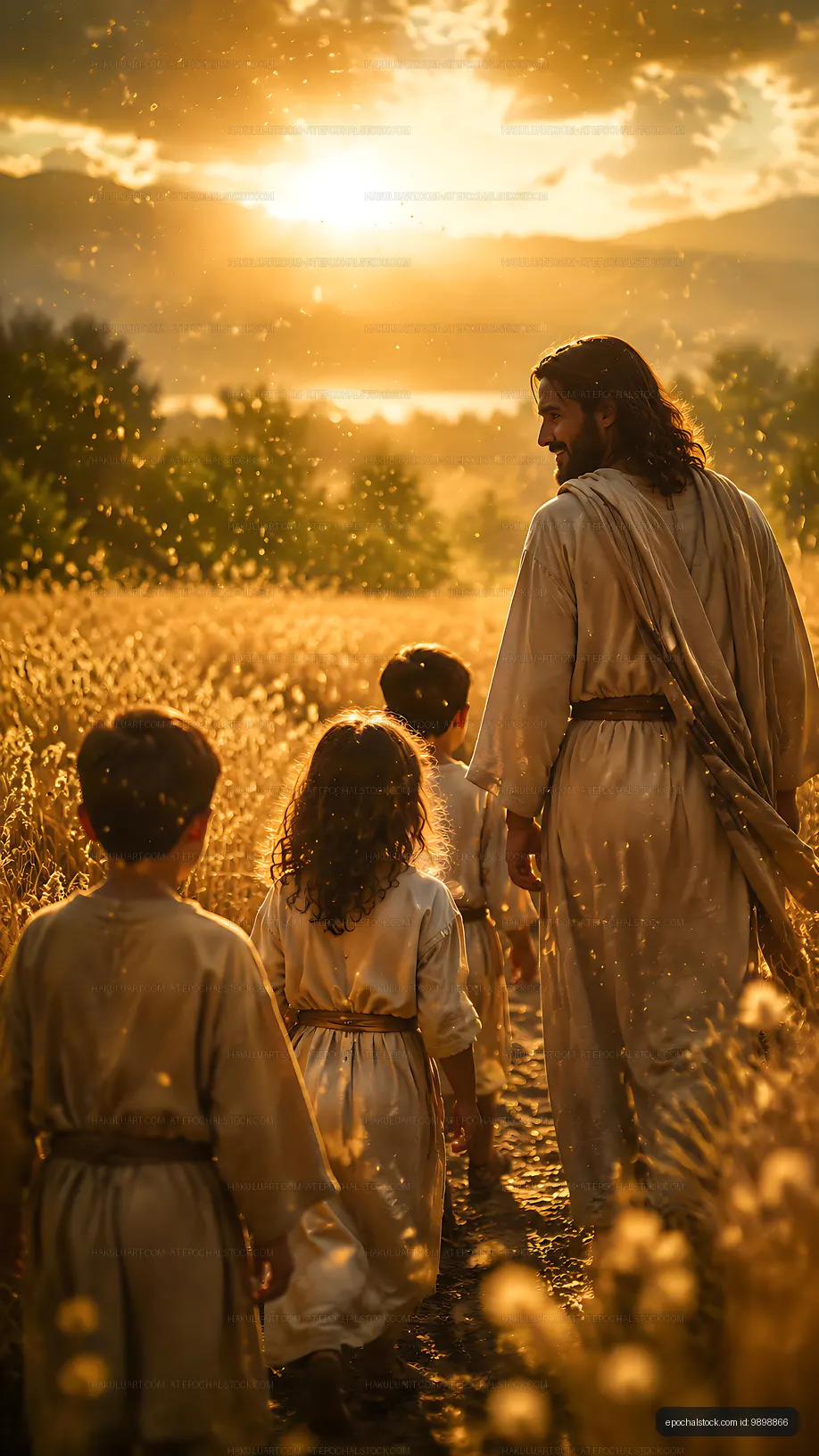 Walking through golden fields at sunset with children