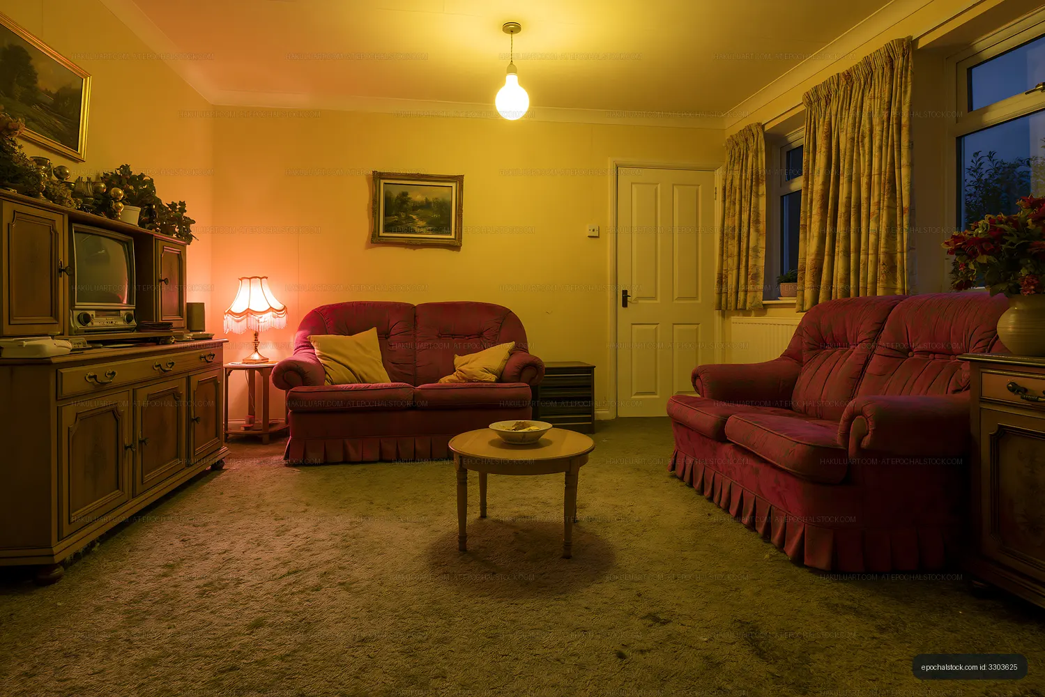 Cozy living room with vintage furniture and warm lighting