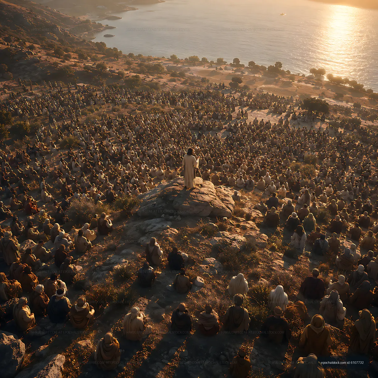 Gathering of people listening to a speaker by the sea at sunset