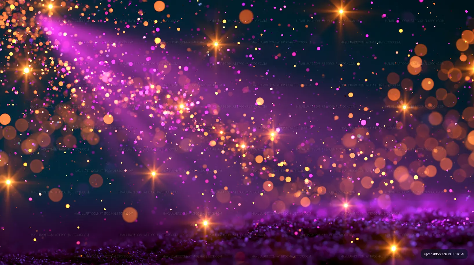 Purple and gold sparkles with light streaks in dark background