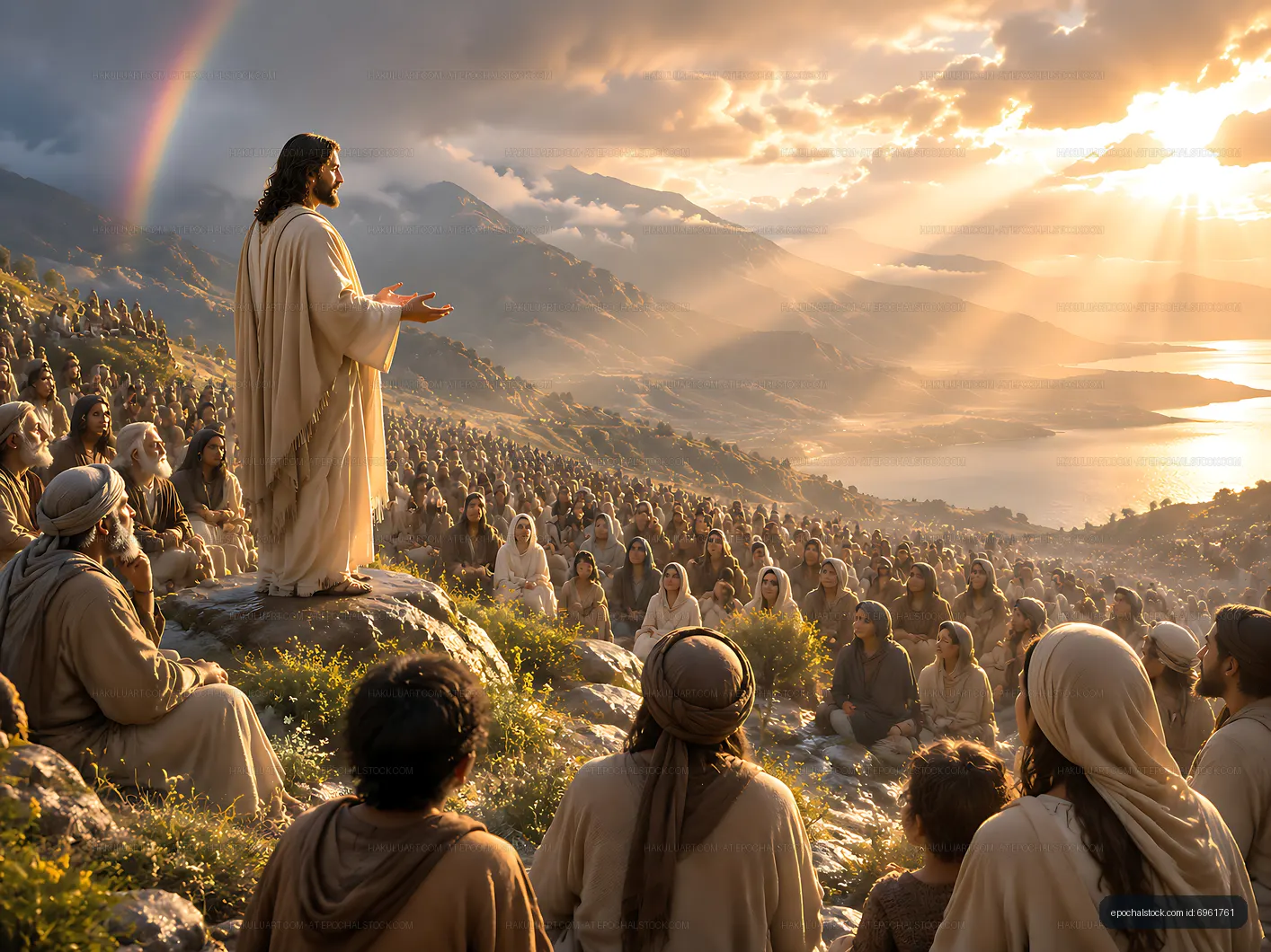 Jesus teaches a large crowd during a sunset gathering