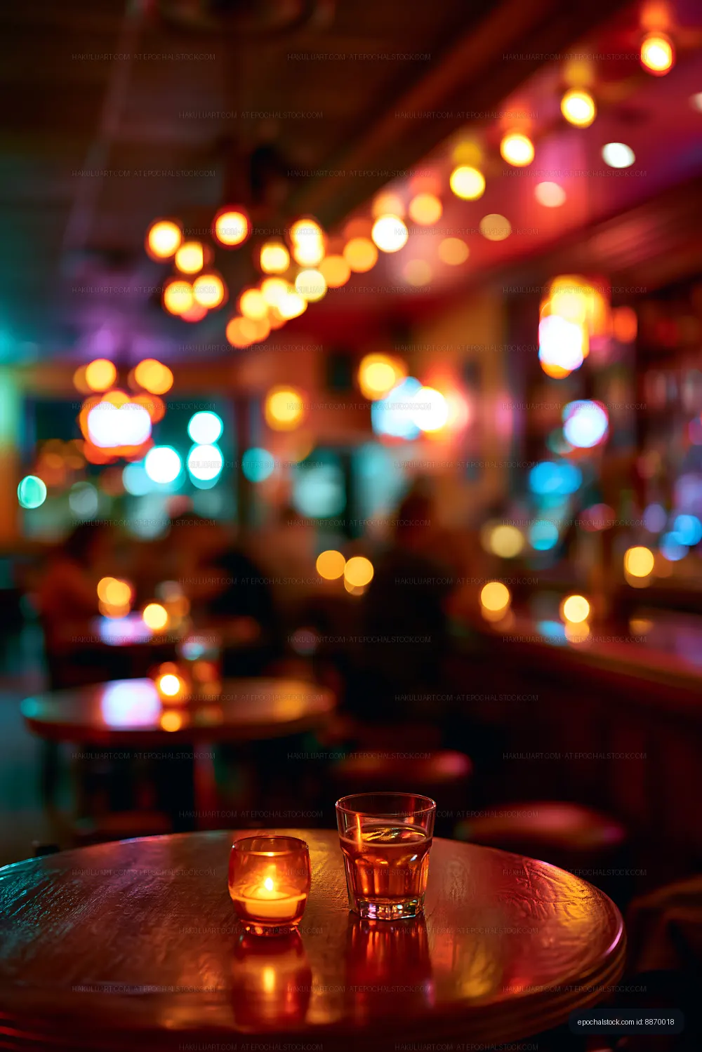 Bar scene with colorful lights and drinks on tables