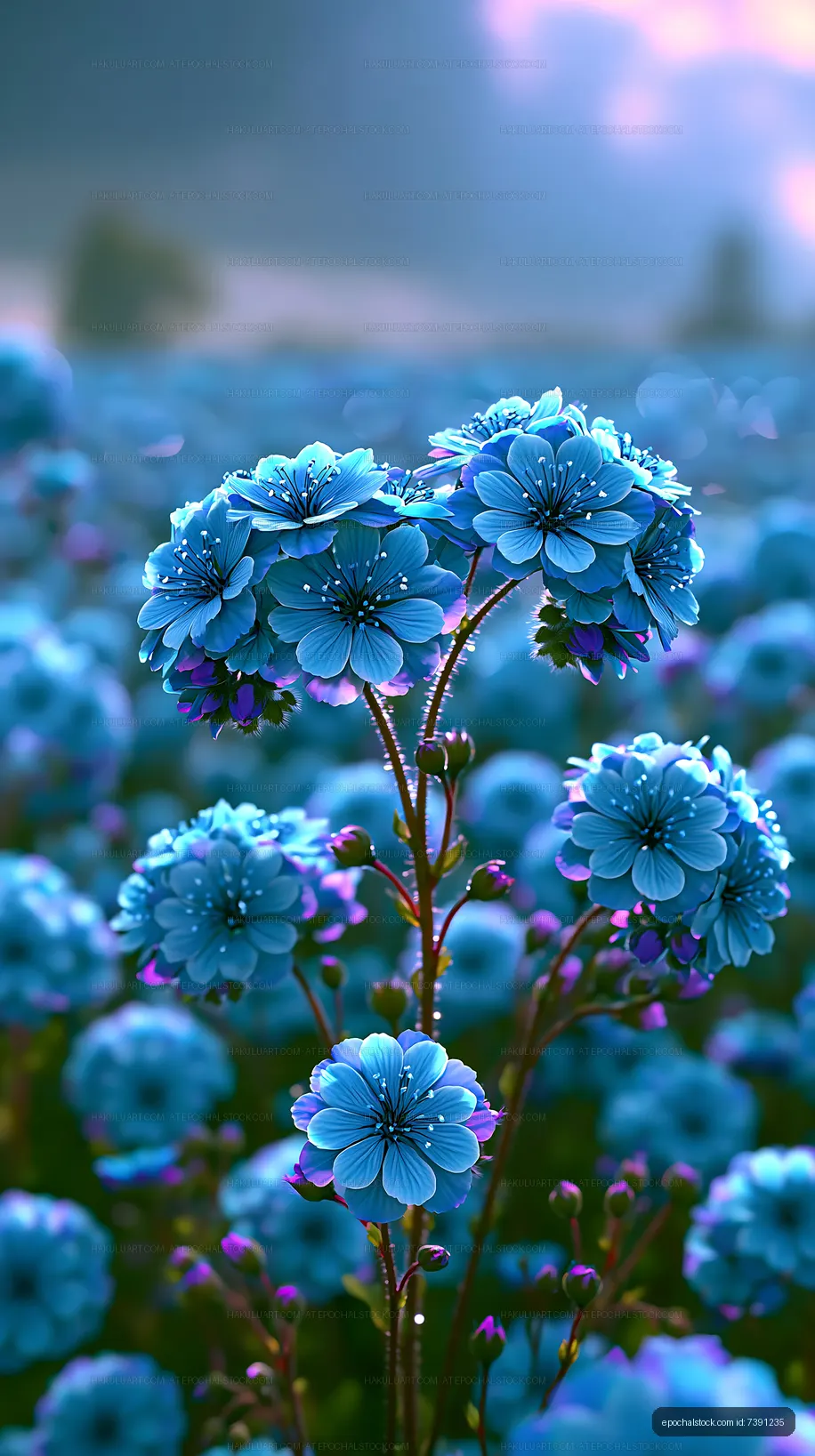 Blue flowers in a field with soft lighting at sunrise