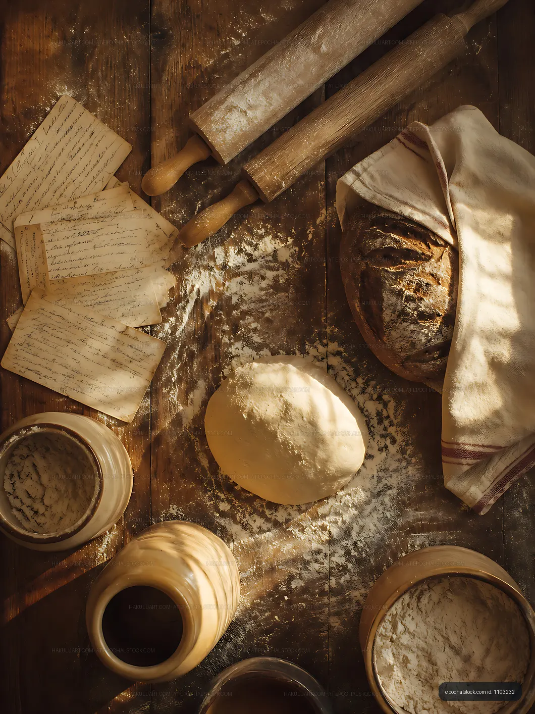 Baking bread with rolling pins and flour on a wooden table