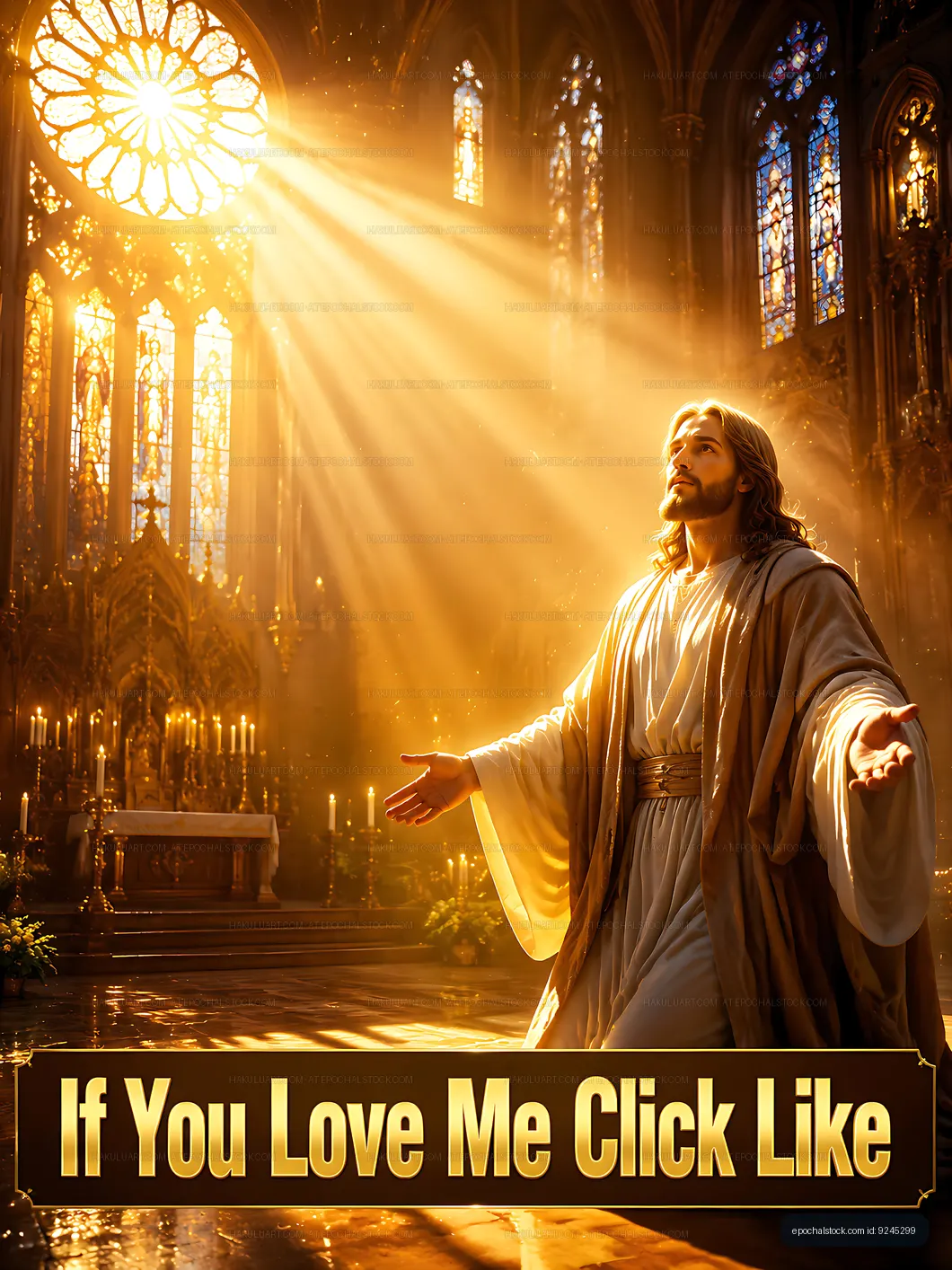 Jesus with open arms in a sunlit church interior