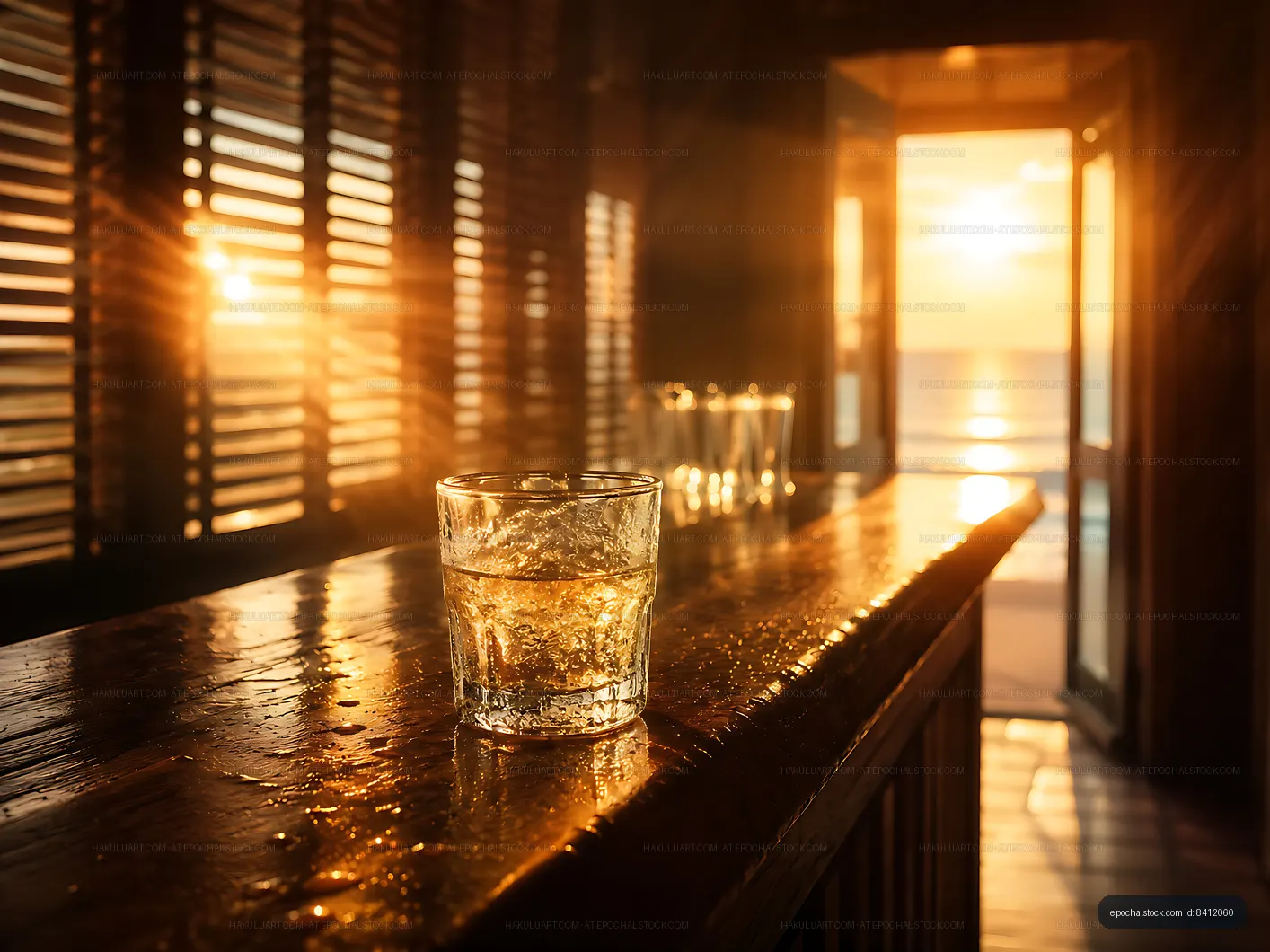 Sunset view from bar with glass of drink on wooden counter