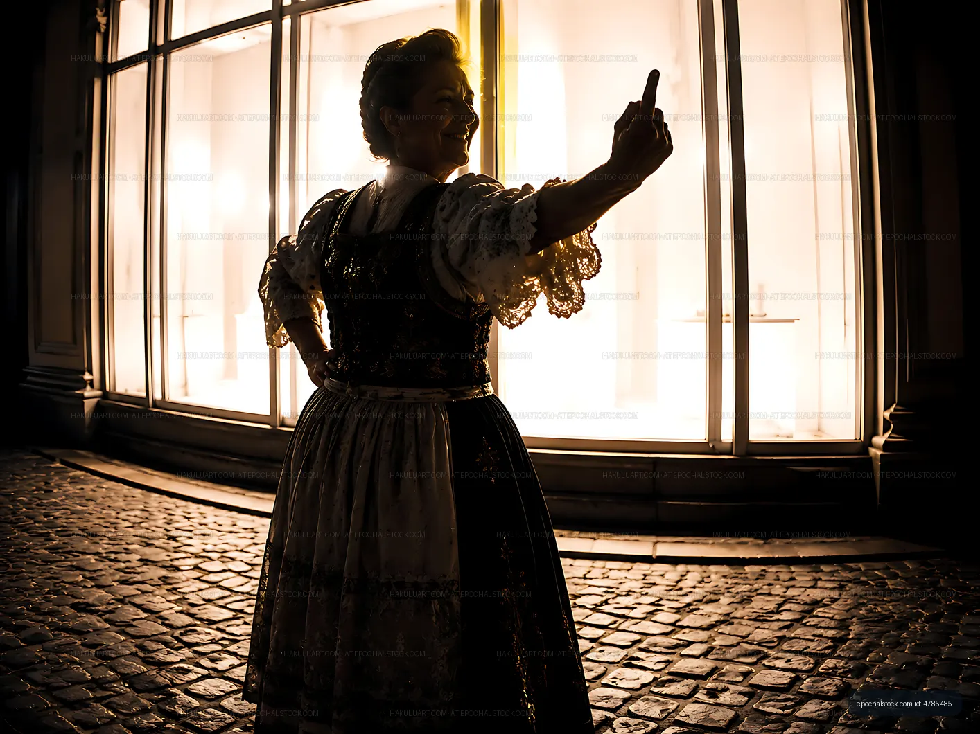 Woman taking selfie in traditional dress at night in city street