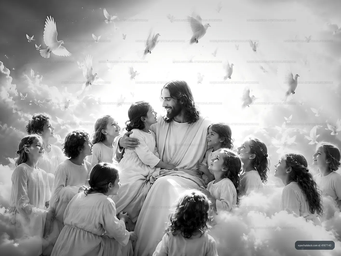 Jesus surrounded by children with doves in a cloudy setting