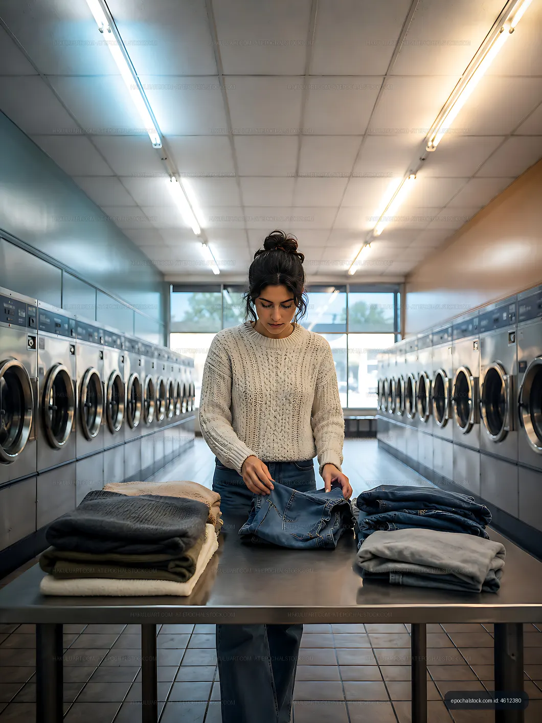 Woman folding clothes in a laundry room with washing machines