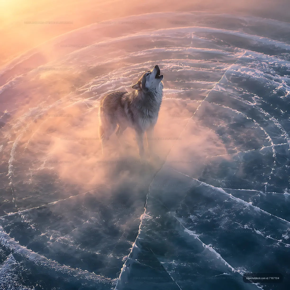 Wolf howling on icy surface with mist in cold environment