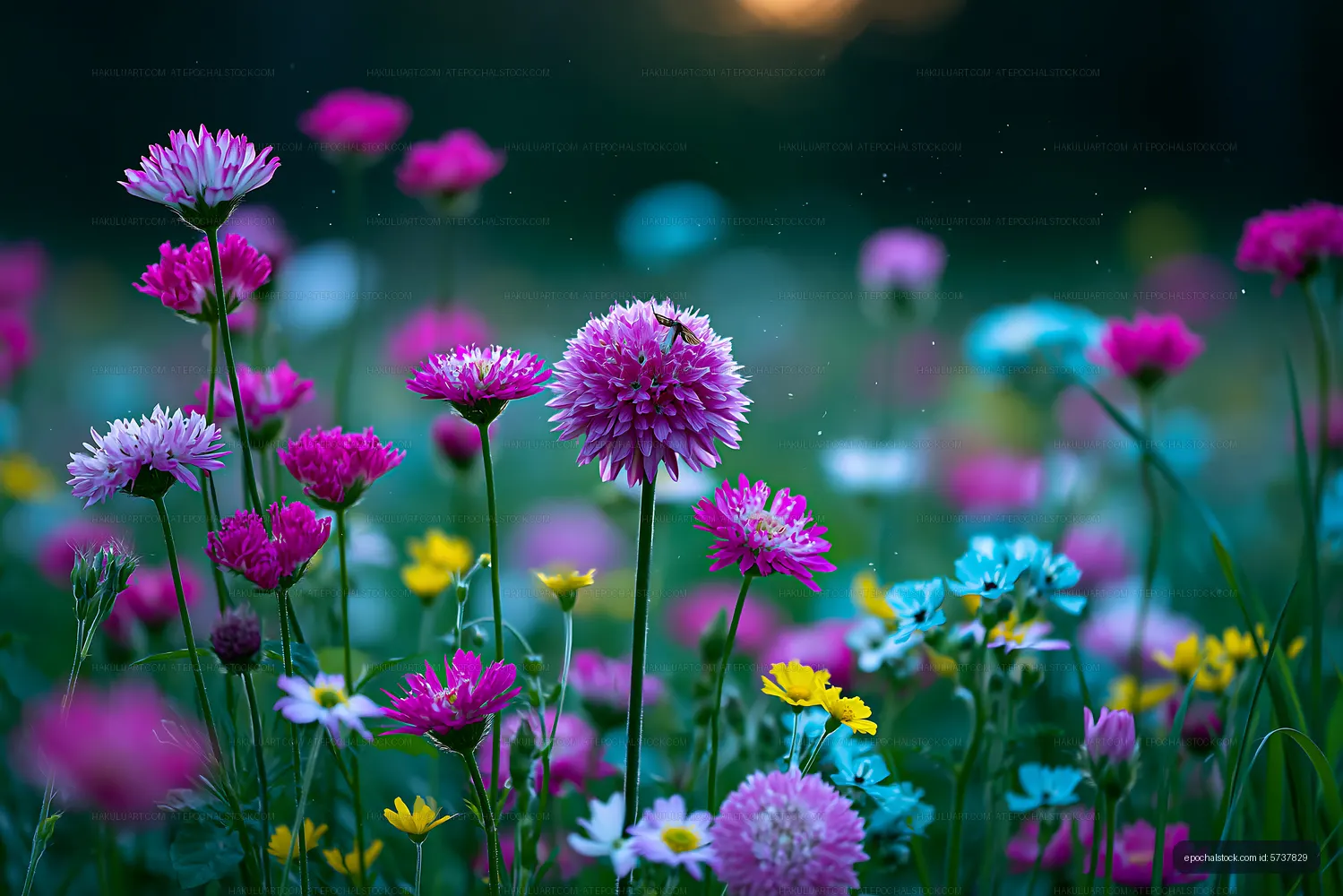 Colorful wildflowers blooming in a field during sunset
